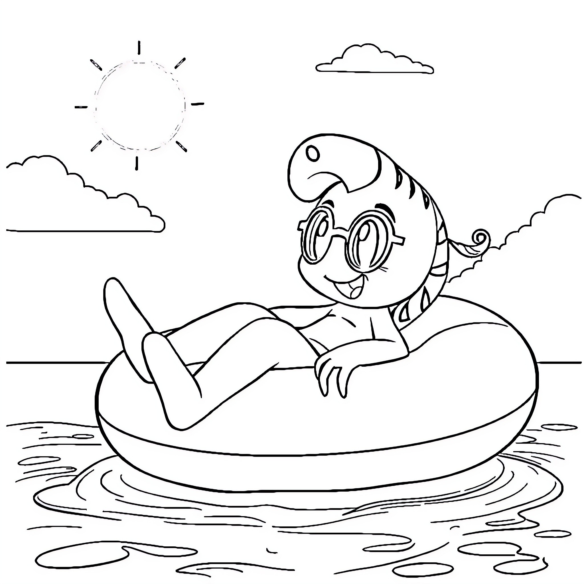 Alcremie relaxing on a floating inner tube Coloring Page (free black-and-white line drawing printable PDF for all, from beginners to advanced learners, including children, teens, adults, and seniors)