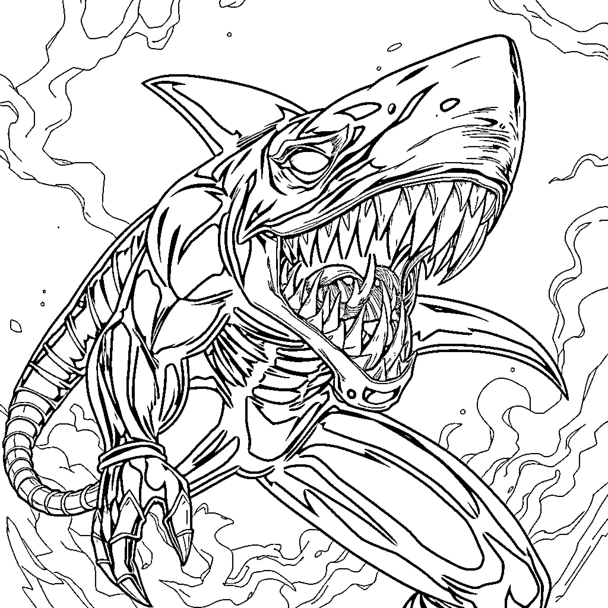 Shark with menacing jaws and sharp teeth Coloring Page (free black-and-white line drawing printable PDF for all, from beginners to advanced learners, including children, teens, adults, and seniors)