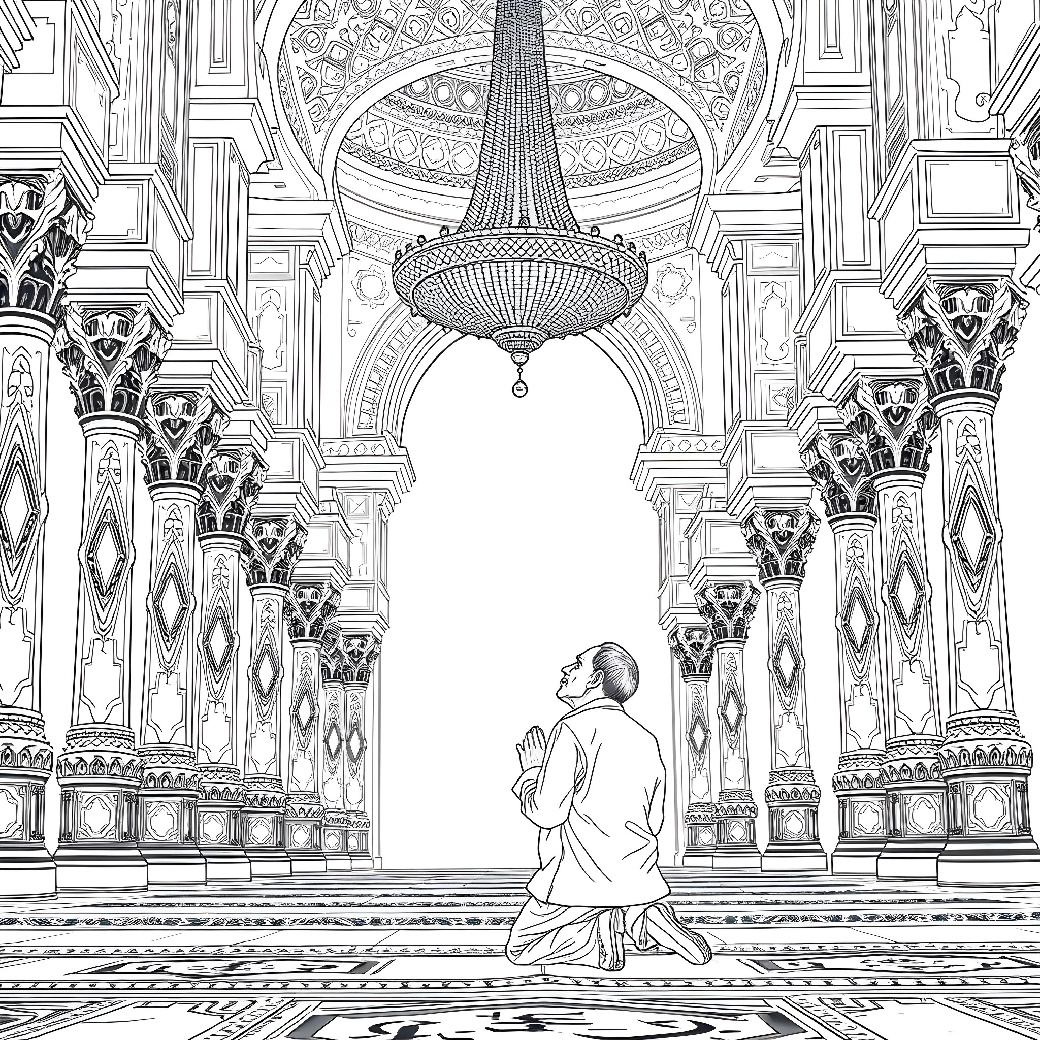 Man praying in ornate architectural hall Coloring Page (free black-and-white line drawing printable PDF for all, from beginners to advanced learners, including children, teens, adults, and seniors)