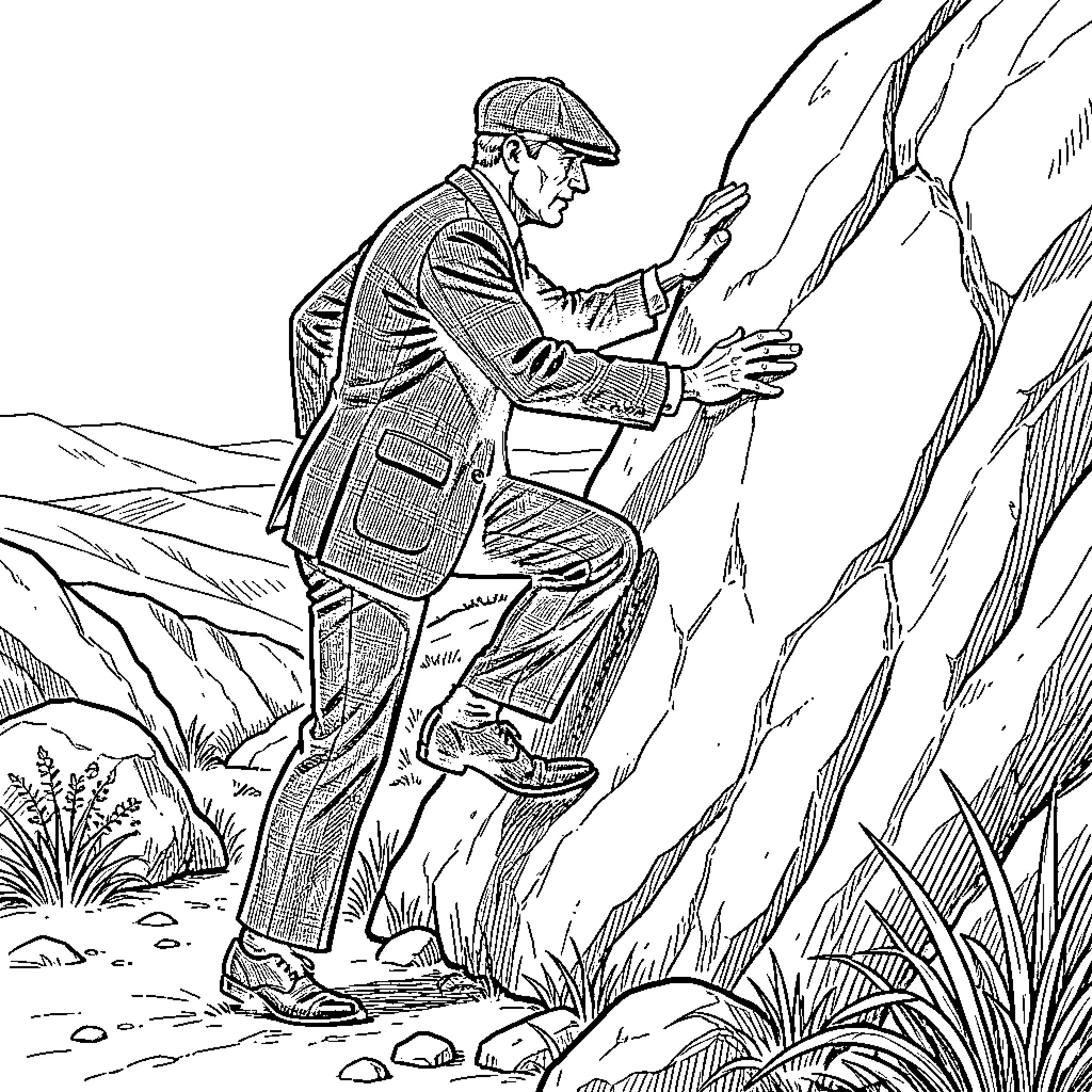 Thomas Shelby Climbing Rugged Mountainous Terrain Coloring Page (free black-and-white line drawing printable PDF for all, from beginners to advanced learners, including children, teens, adults, and seniors)