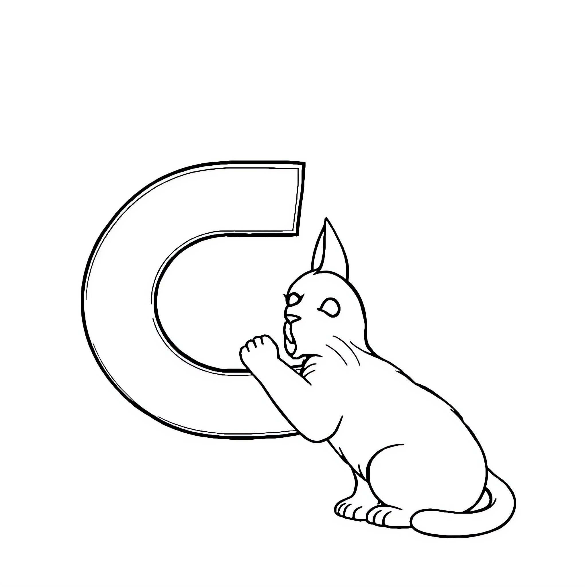 Cummins cat playing with letter C Coloring Page (free black-and-white line drawing printable PDF for all, from beginners to advanced learners, including children, teens, adults, and seniors)