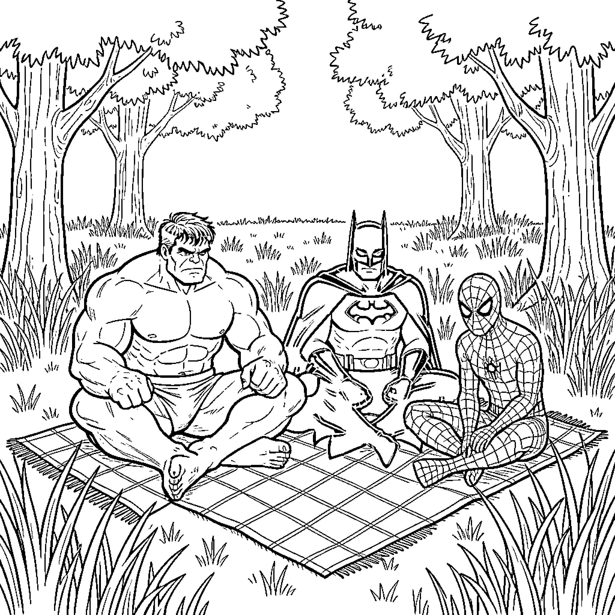 Hulk sitting on a picnic blanket with superheroes Coloring Page (free black-and-white line drawing printable PDF for all, from beginners to advanced learners, including children, teens, adults, and seniors)