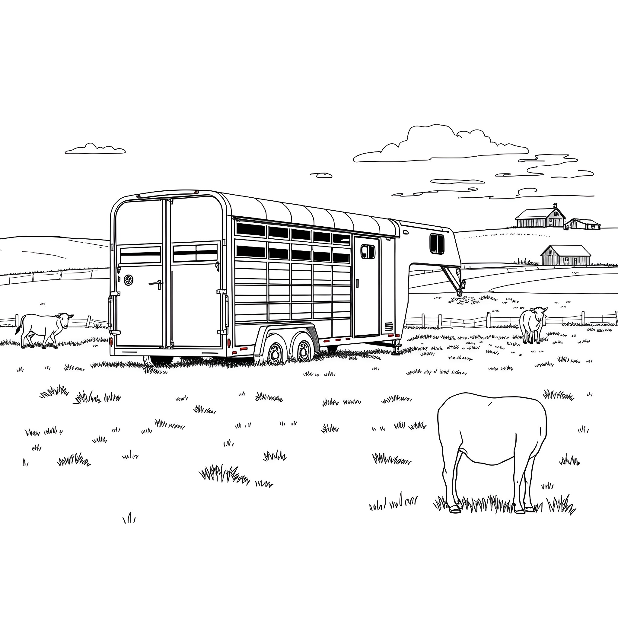Gooseneck Trailer Transporting Livestock on a Country Landscape Coloring Page (free black-and-white line drawing printable PDF for all, from beginners to advanced learners, including children, teens, adults, and seniors)
