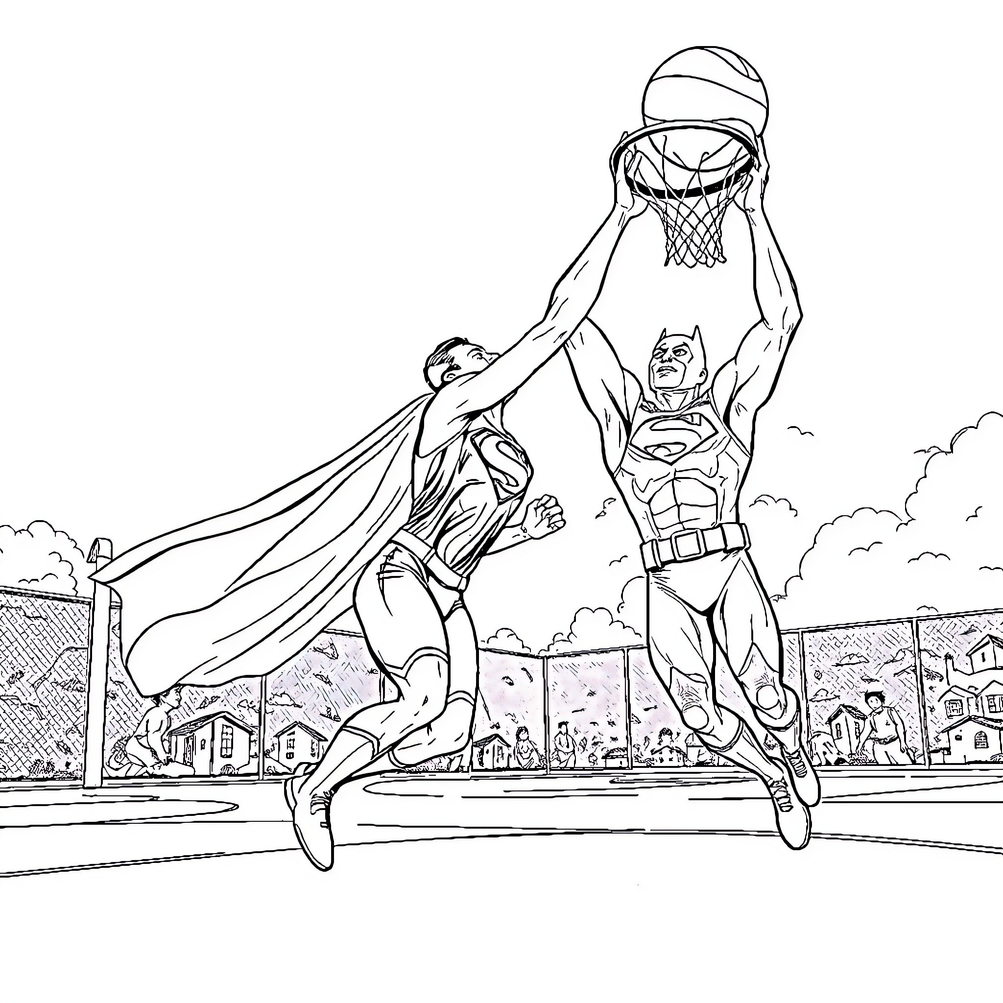 Superman's Basketball Heroics in the City Coloring Page (free black-and-white line drawing printable PDF for all, from beginners to advanced learners, including children, teens, adults, and seniors)