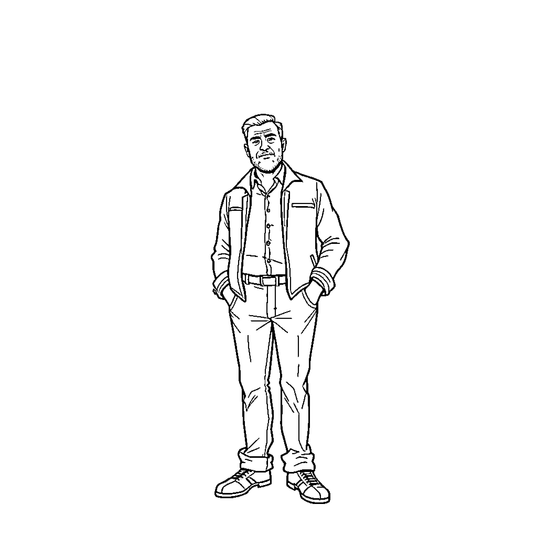 Him standing confidently in casual attire Coloring Page (free black-and-white line drawing printable PDF for all, from beginners to advanced learners, including children, teens, adults, and seniors)