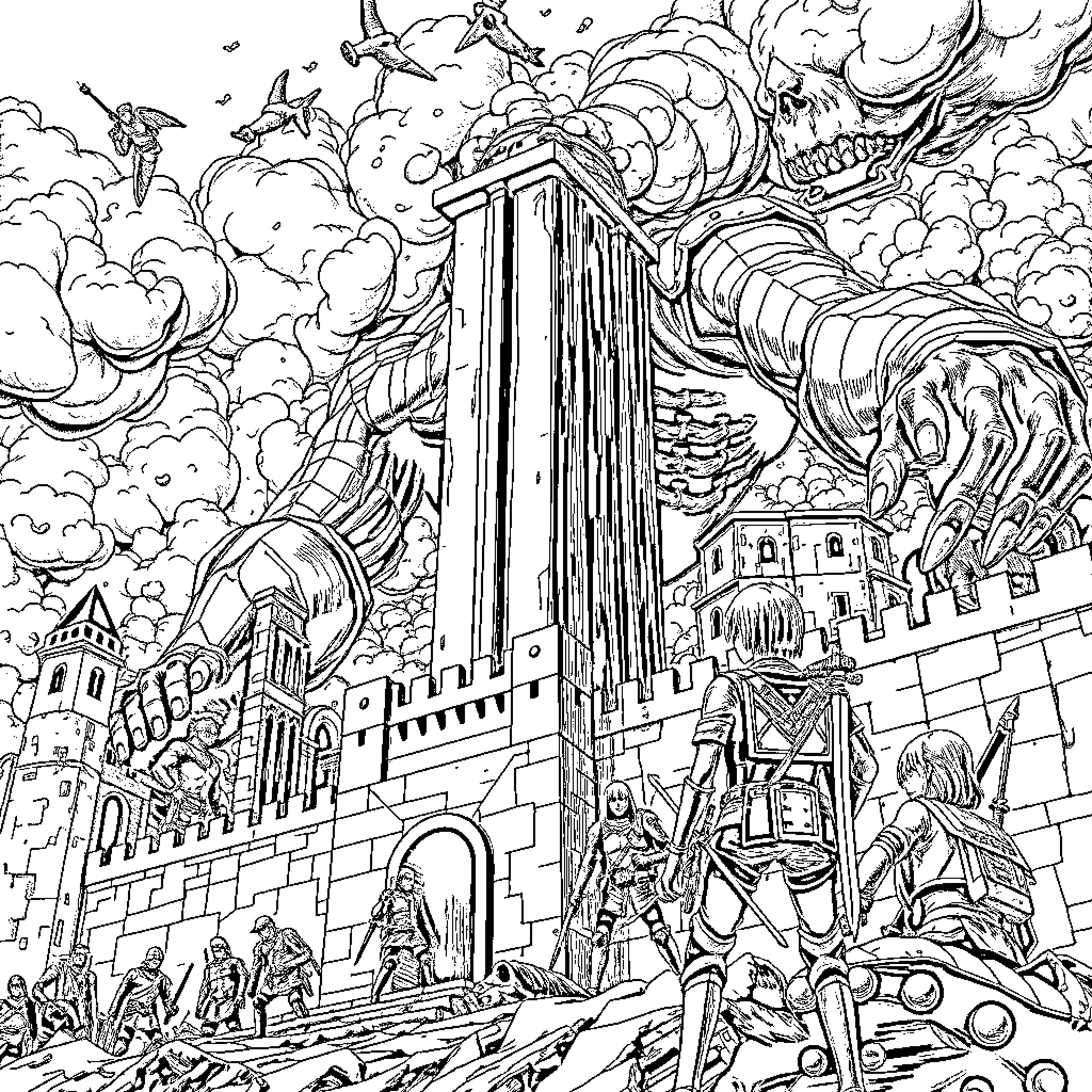 Attack on Titan: Colossal Titan's Rampage Through the City Coloring Page (free black-and-white line drawing printable PDF for all, from beginners to advanced learners, including children, teens, adults, and seniors)