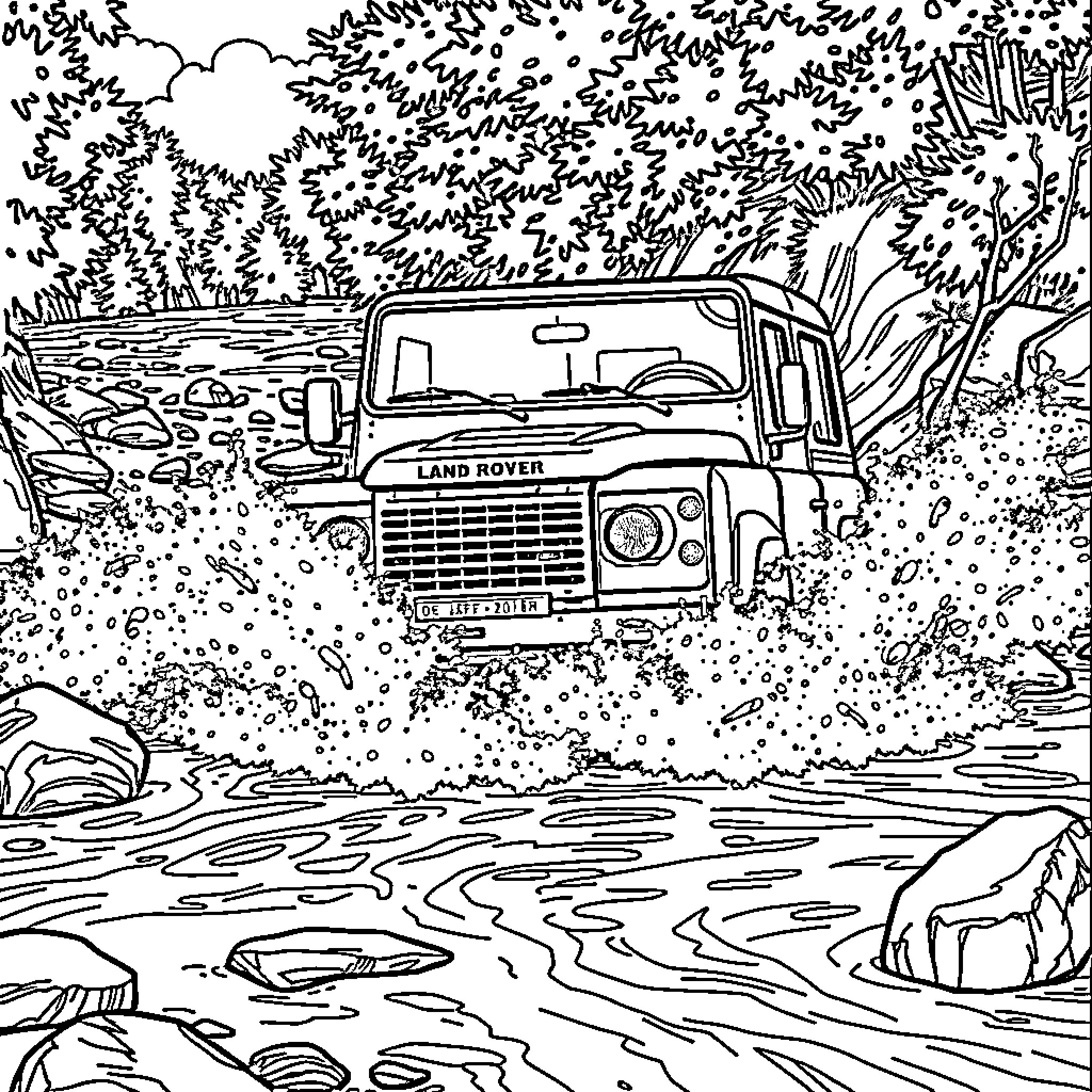 Land Rover Traversing Through Rugged Terrain Coloring Page (free black-and-white line drawing printable PDF for all, from beginners to advanced learners, including children, teens, adults, and seniors)