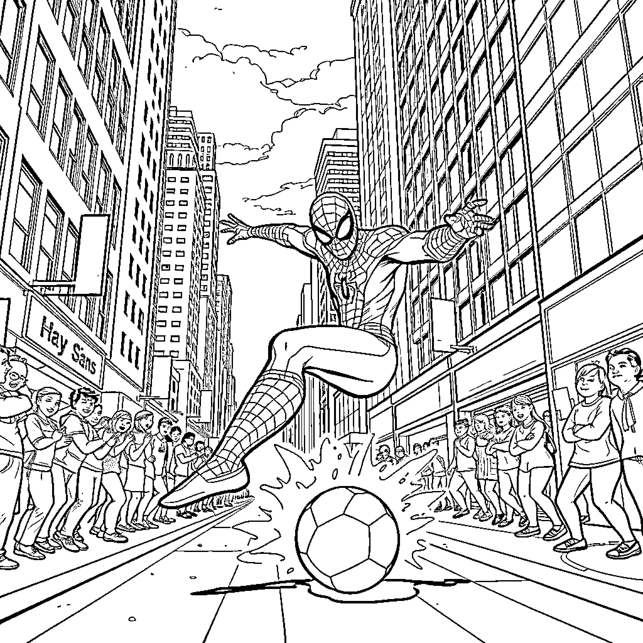 Spiderman swinging through the city, saving the day Coloring Page (free black-and-white line drawing printable PDF for all, from beginners to advanced learners, including children, teens, adults, and seniors)