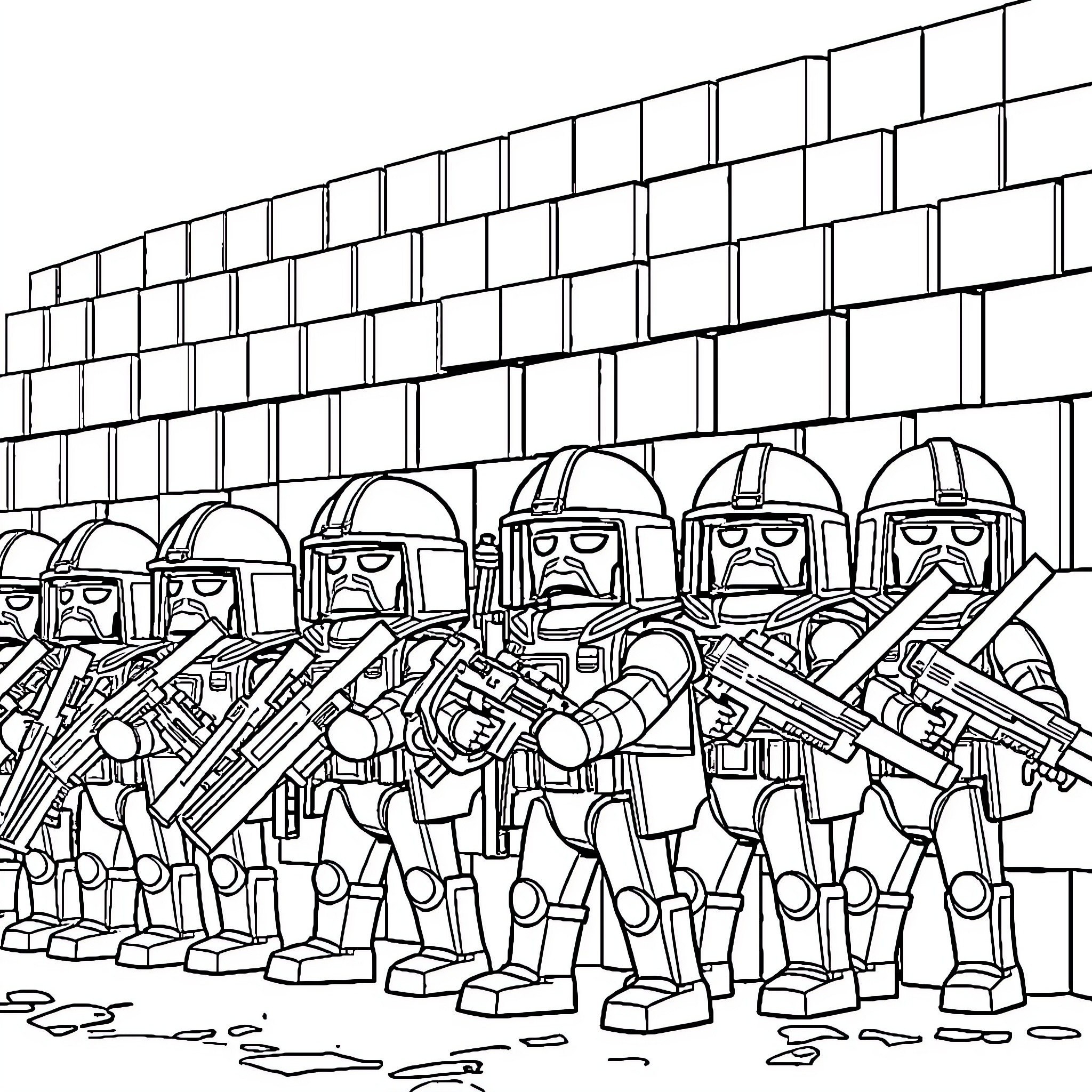 Samurai soldiers standing in formation with weapons Coloring Page (free black-and-white line drawing printable PDF for all, from beginners to advanced learners, including children, teens, adults, and seniors)