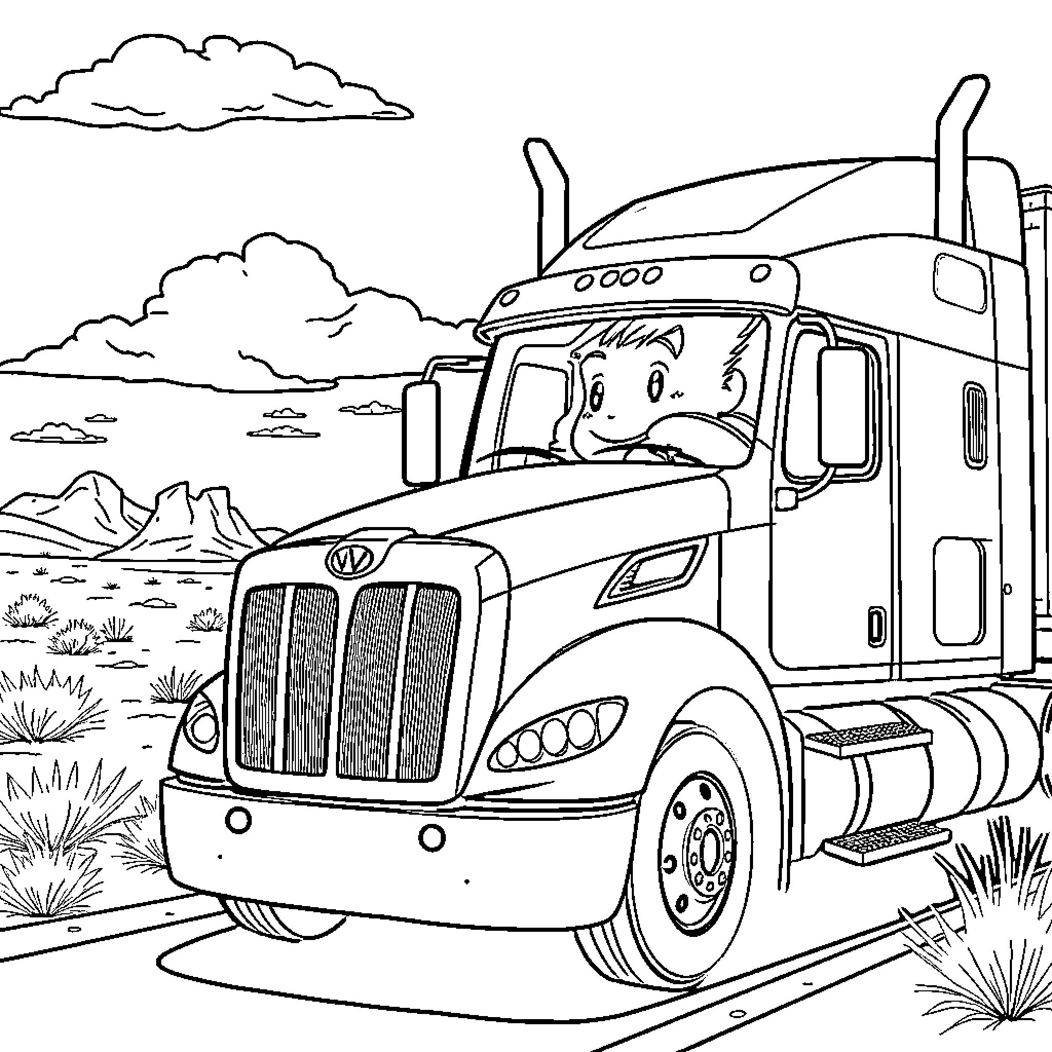 Marcus explores the open road in his truck Coloring Page (free black-and-white line drawing printable PDF for all, from beginners to advanced learners, including children, teens, adults, and seniors)