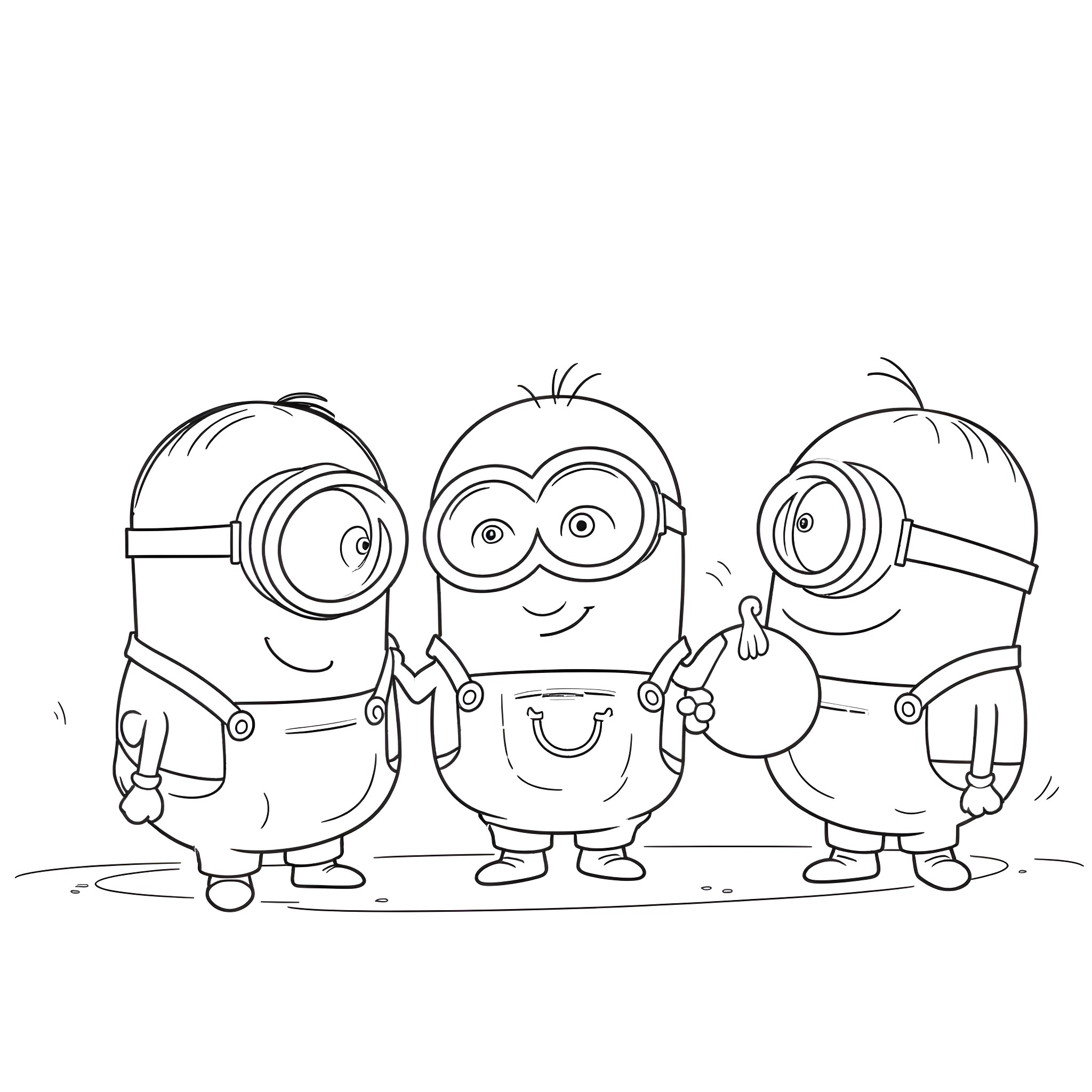 Minions in fun and playful poses Coloring Page (free black-and-white line drawing printable PDF for all, from beginners to advanced learners, including children, teens, adults, and seniors)