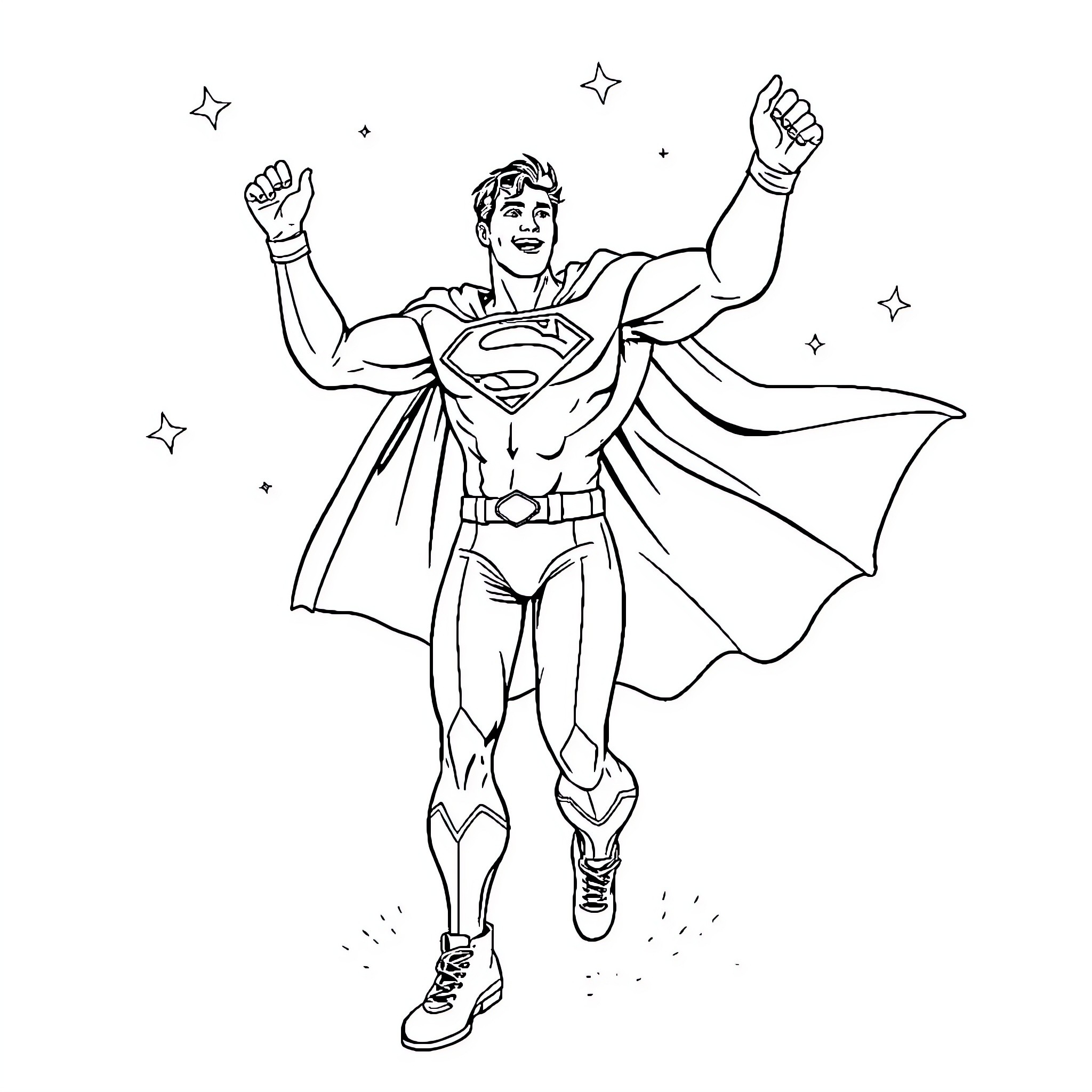 Superman heroically soaring through the sky Coloring Page (free black-and-white line drawing printable PDF for all, from beginners to advanced learners, including children, teens, adults, and seniors)