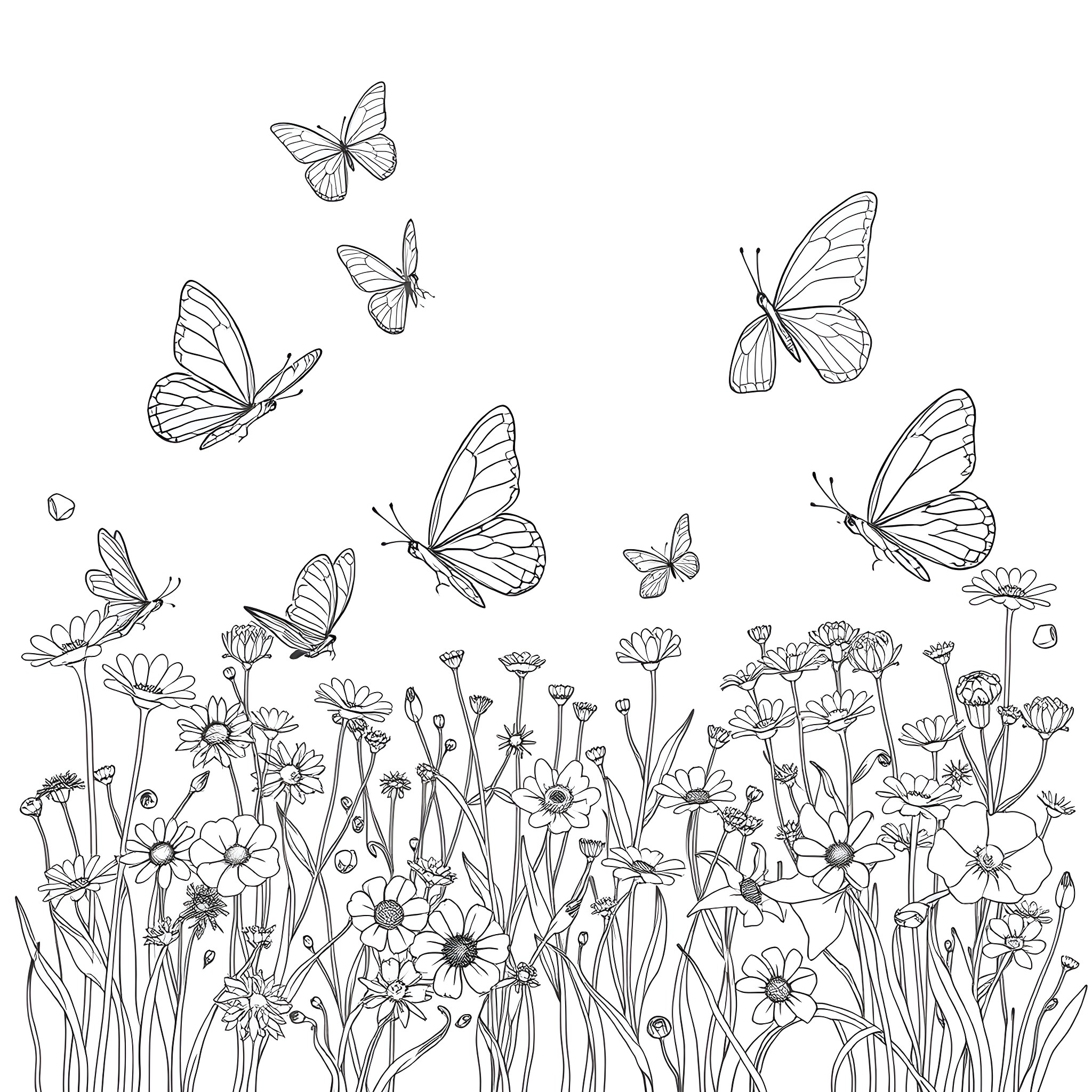 Butterflies dancing among the wildflowers Coloring Page (free black-and-white line drawing printable PDF for all, from beginners to advanced learners, including children, teens, adults, and seniors)