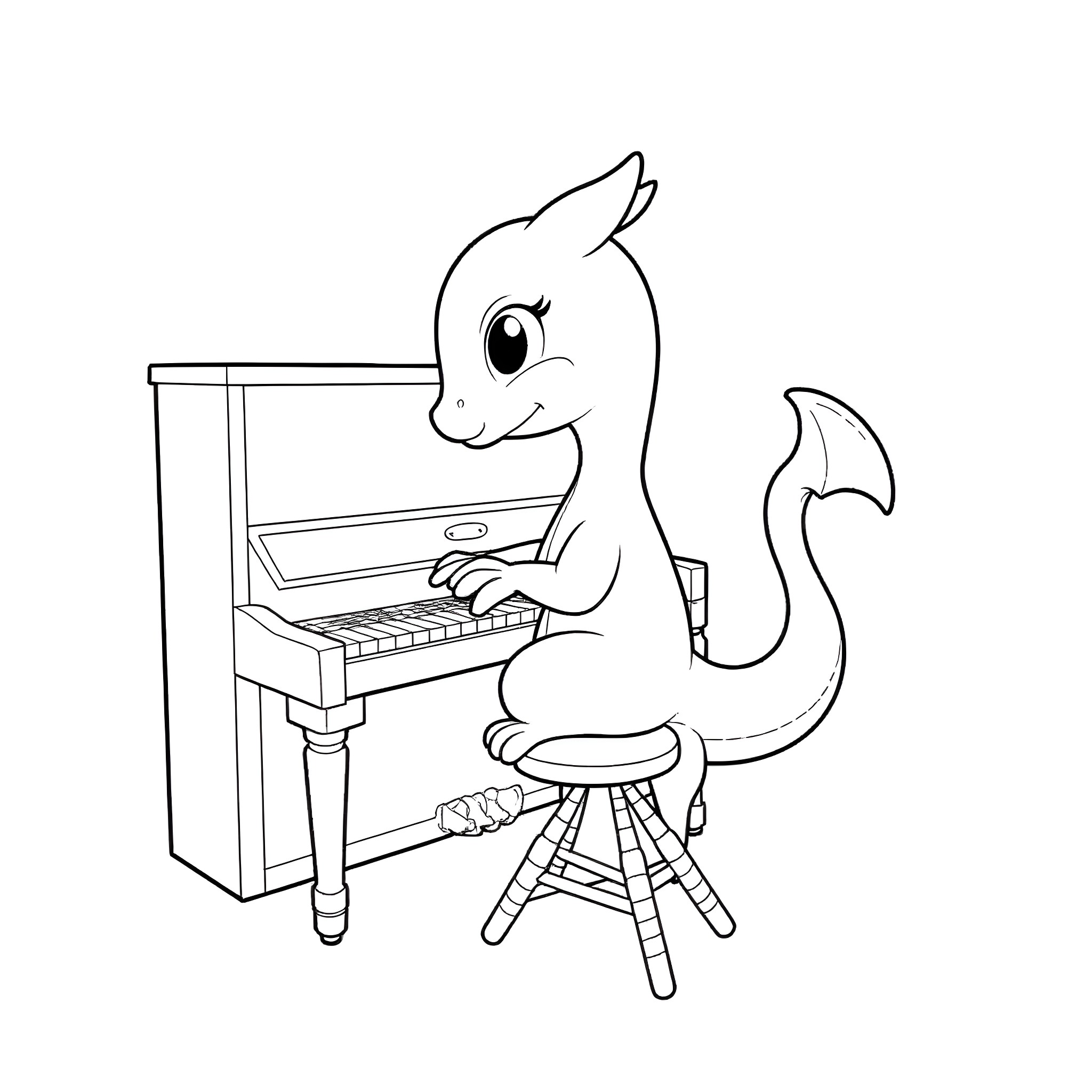 Charizard playing the piano happily Coloring Page (free black-and-white line drawing printable PDF for all, from beginners to advanced learners, including children, teens, adults, and seniors)