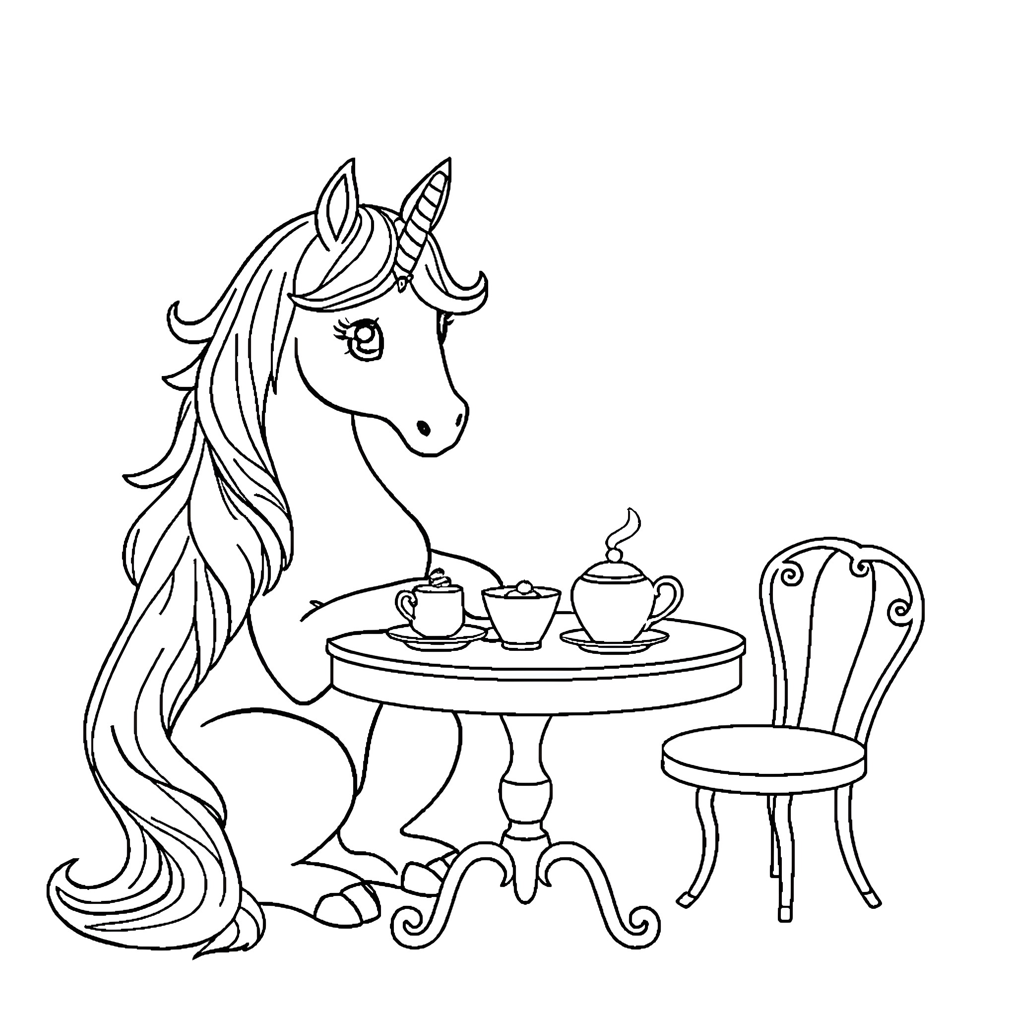 Unicorn enjoying a cozy tea party Coloring Page (free black-and-white line drawing printable PDF for all, from beginners to advanced learners, including children, teens, adults, and seniors)