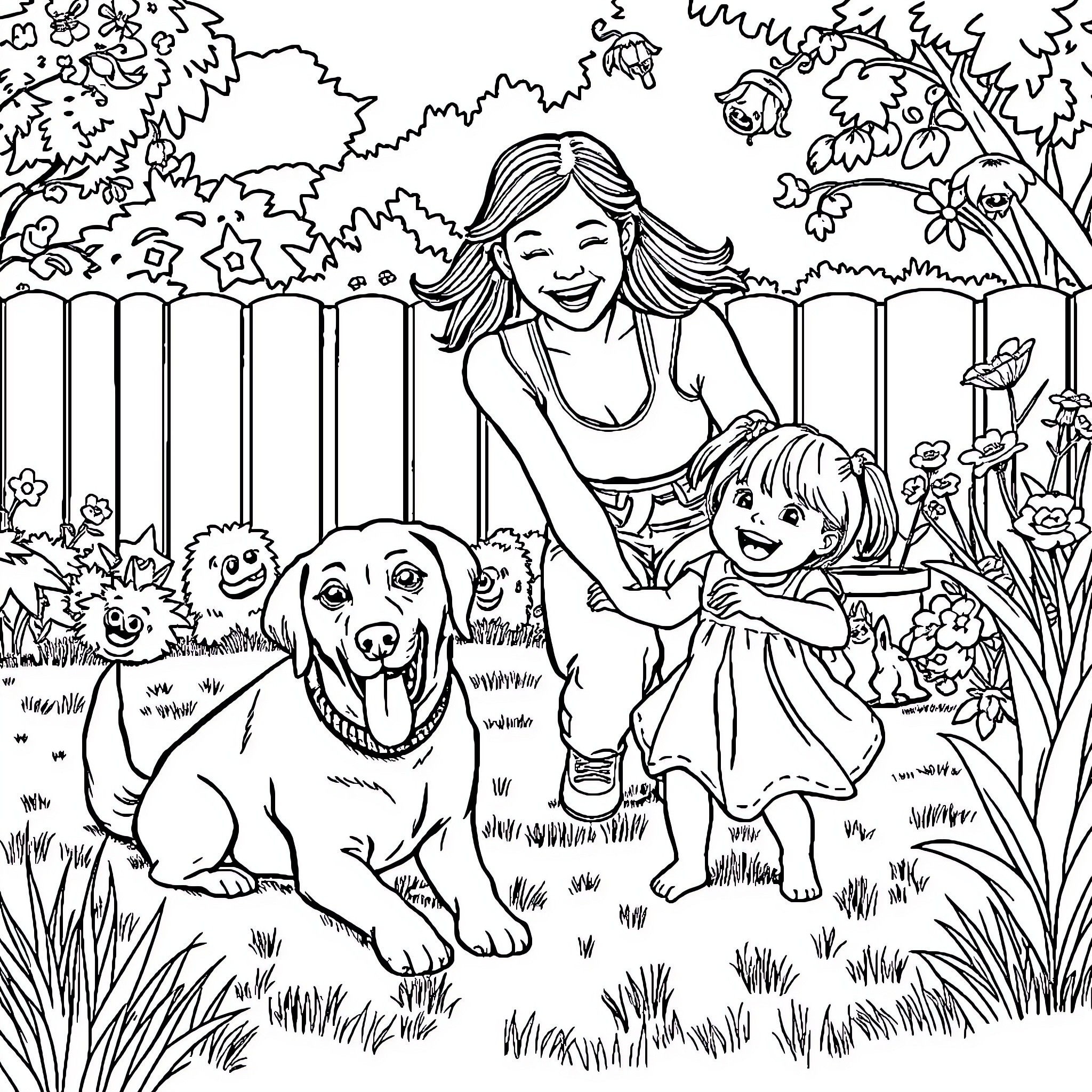 Mum enjoying nature with her children and pets Coloring Page (free black-and-white line drawing printable PDF for all, from beginners to advanced learners, including children, teens, adults, and seniors)
