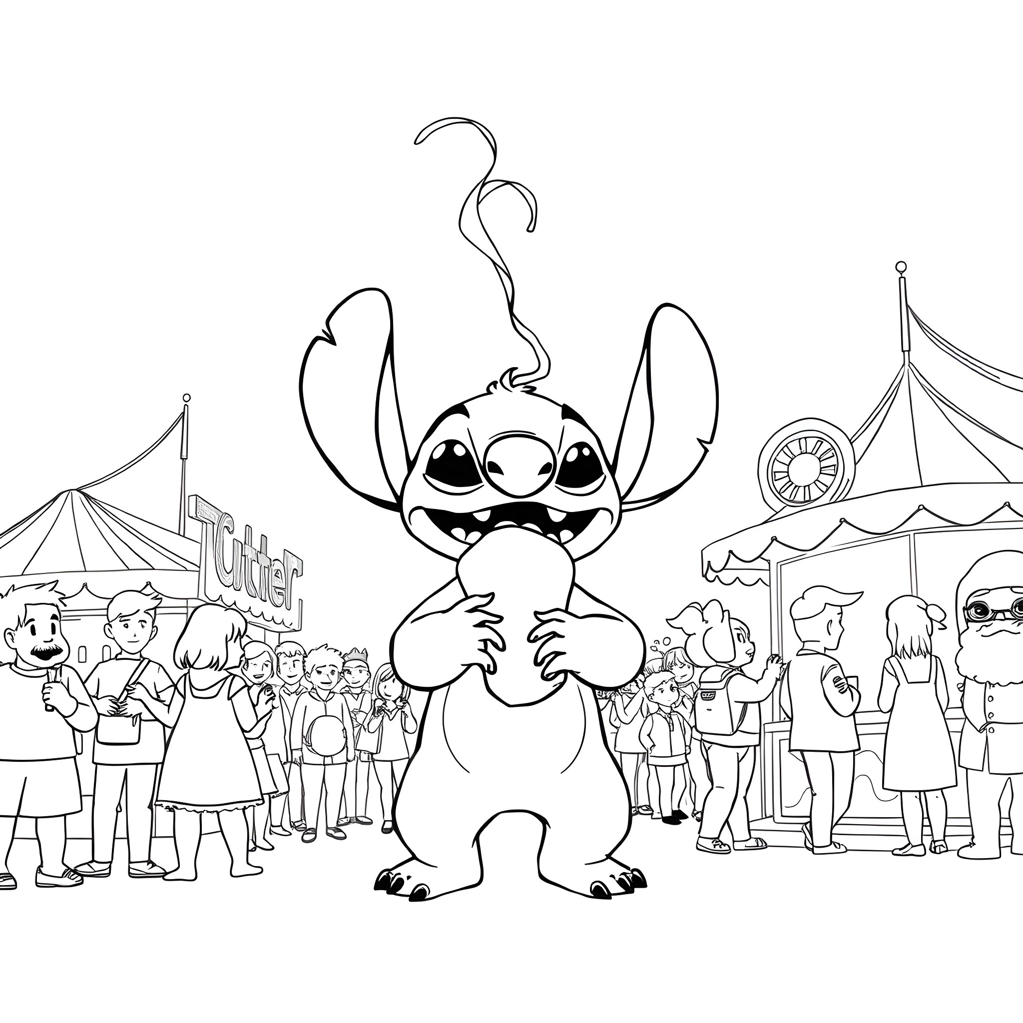 Stitch enjoying the festive carnival with others Coloring Page (free black-and-white line drawing printable PDF for all, from beginners to advanced learners, including children, teens, adults, and seniors)
