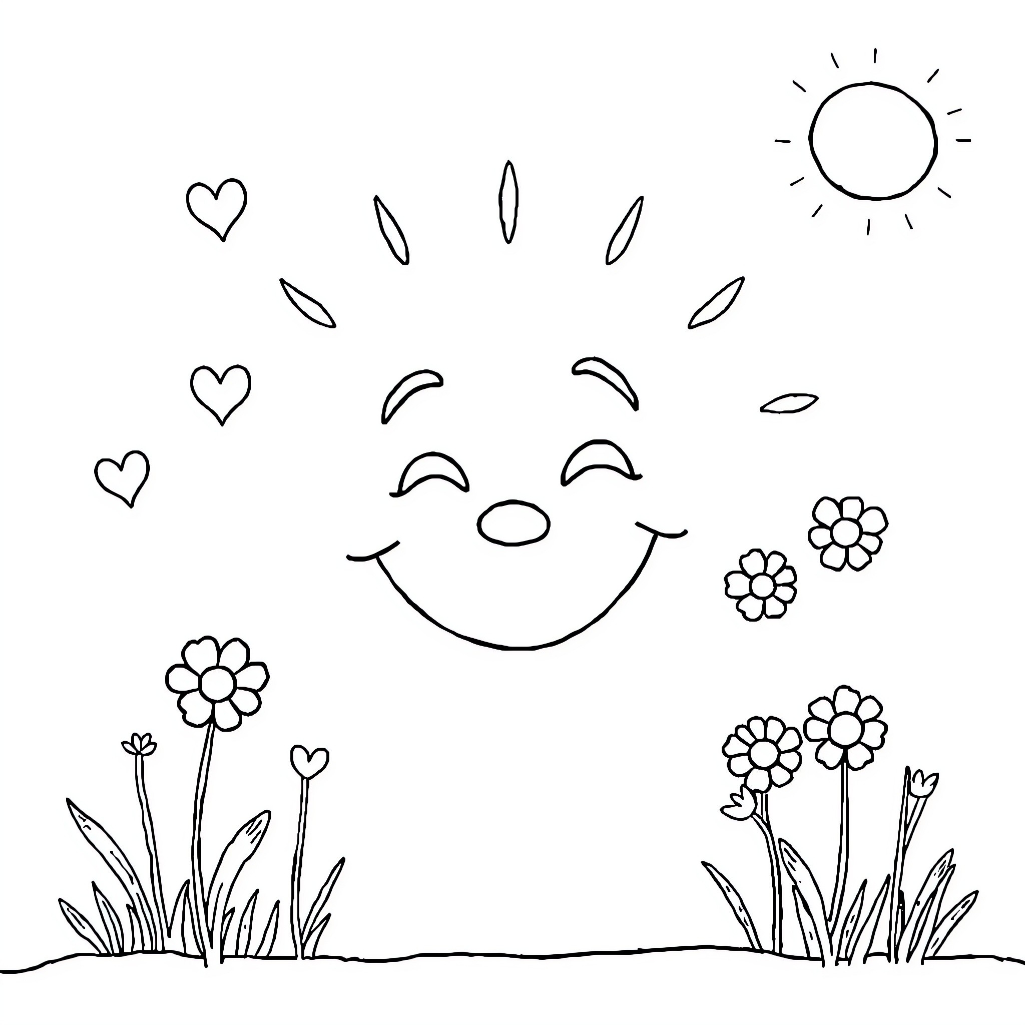 Face in nature with flowers and sun Coloring Page (free black-and-white line drawing printable PDF for all, from beginners to advanced learners, including children, teens, adults, and seniors)
