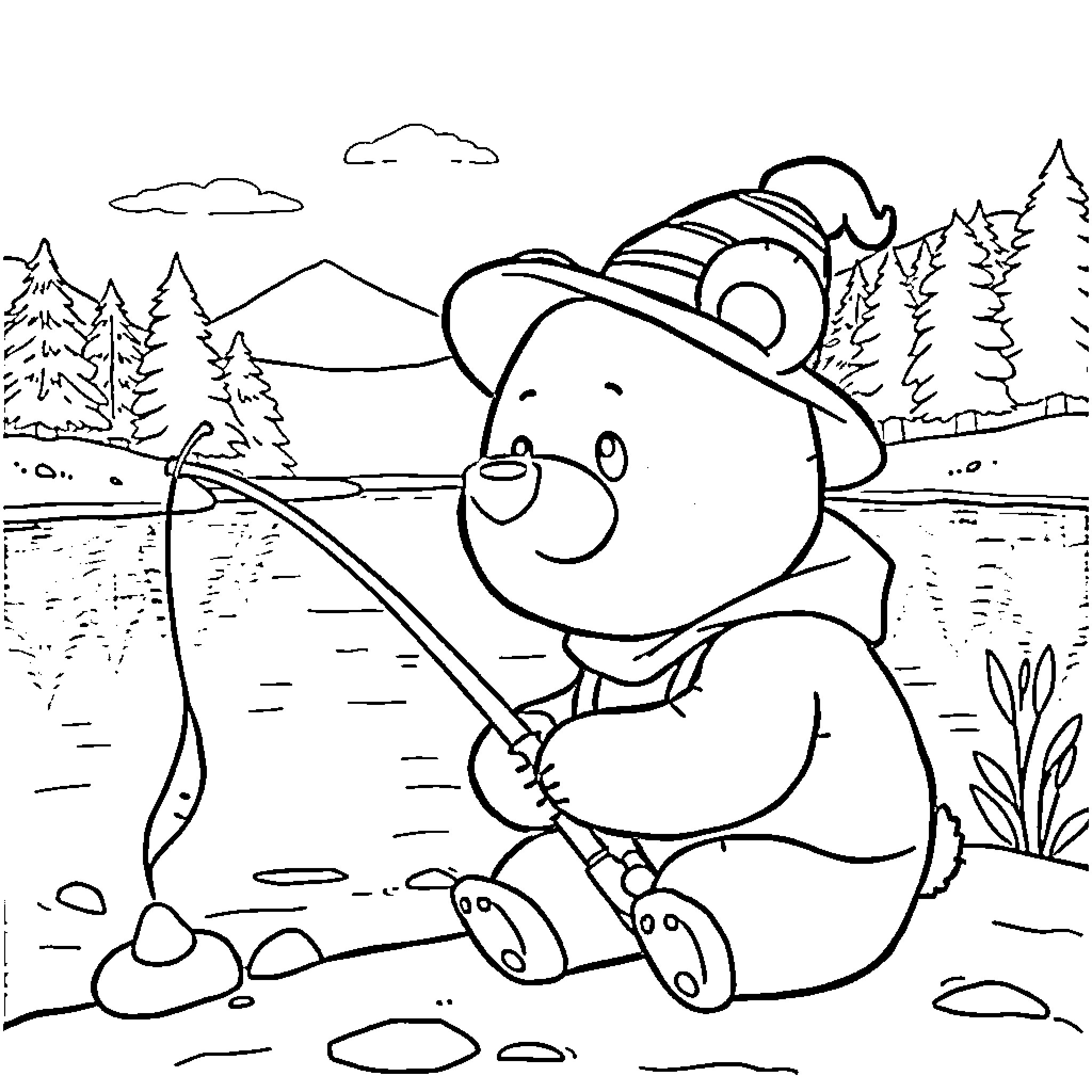 Bear Fishing Near Lakeside Mountains Coloring Page (free black-and-white line drawing printable PDF for all, from beginners to advanced learners, including children, teens, adults, and seniors)
