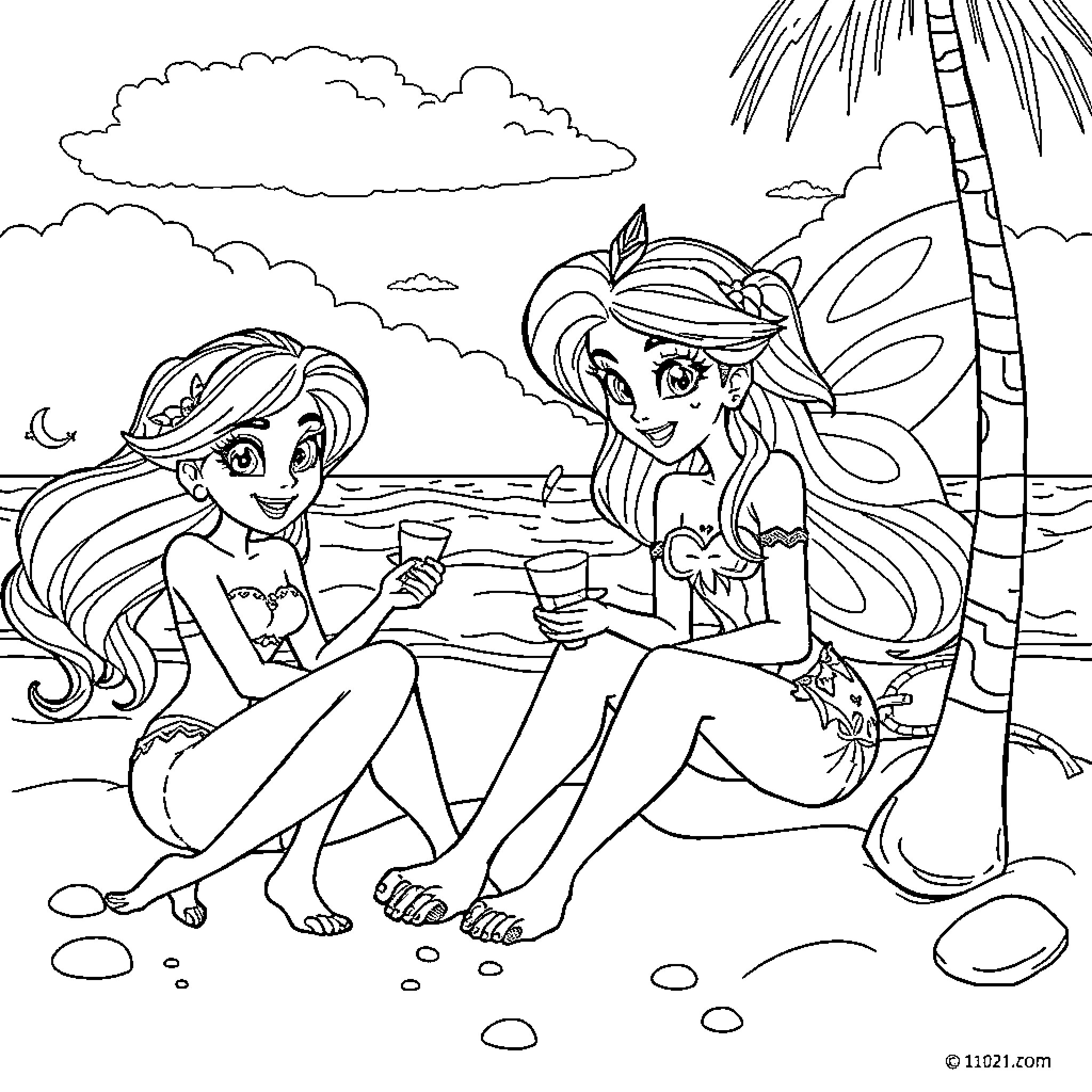 Miraculous fairies relaxing and drinking on a beach Coloring Page (free black-and-white line drawing printable PDF for all, from beginners to advanced learners, including children, teens, adults, and seniors)