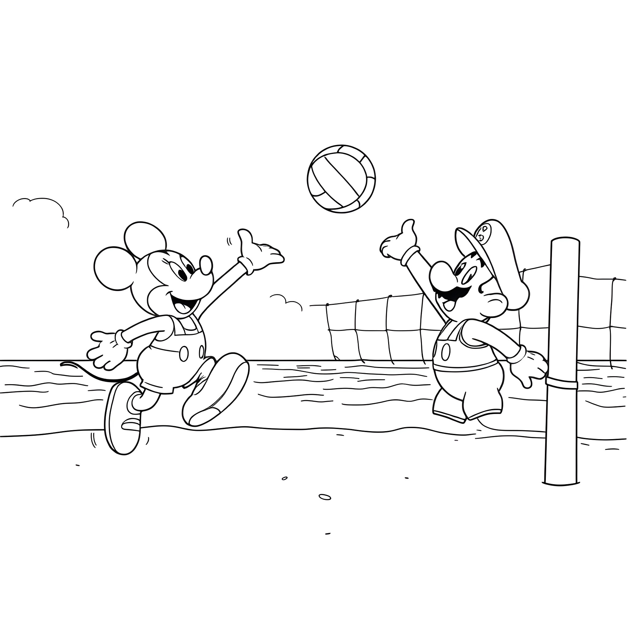 Mickey Mouse and friends playing volleyball on the beach Coloring Page (free black-and-white line drawing printable PDF for all, from beginners to advanced learners, including children, teens, adults, and seniors)