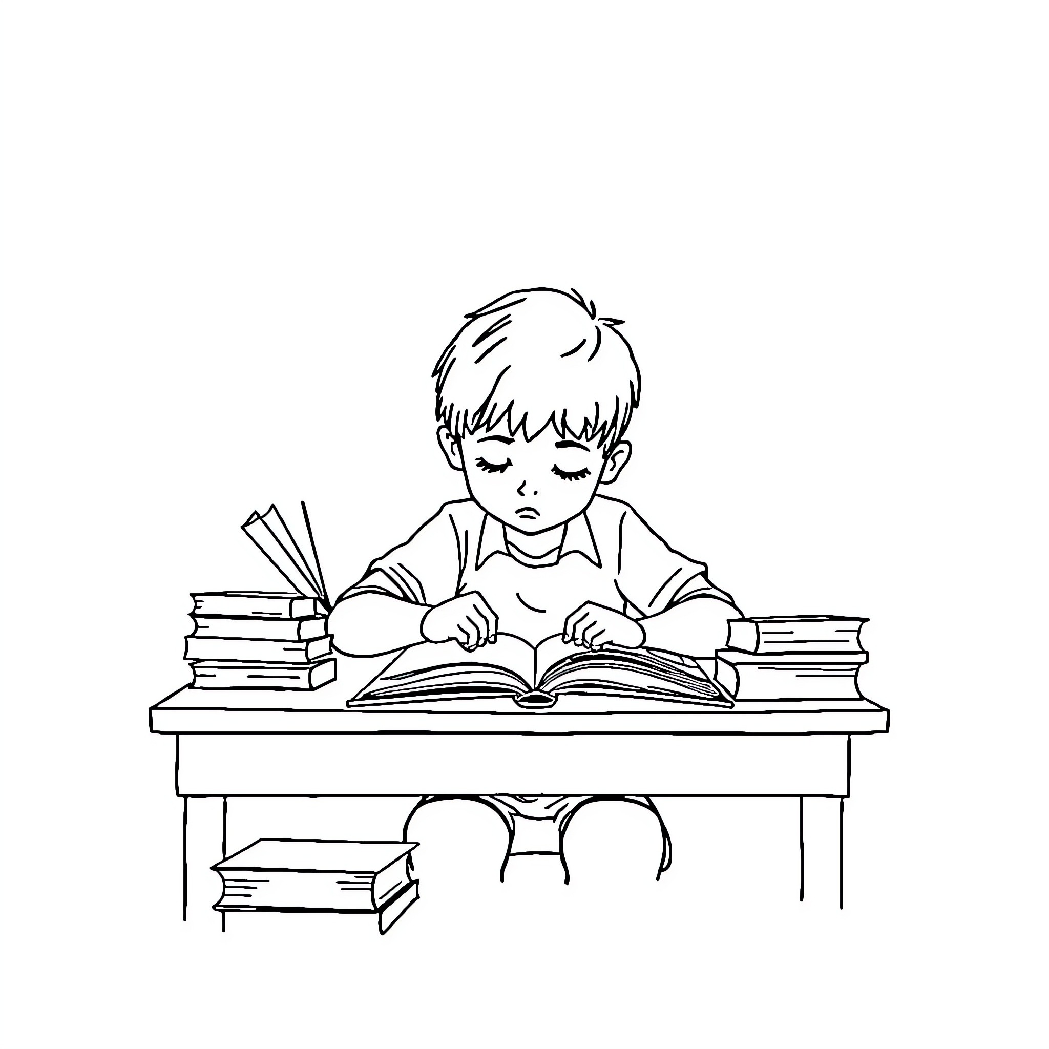 Student reading books intently at desk Coloring Page (free black-and-white line drawing printable PDF for all, from beginners to advanced learners, including children, teens, adults, and seniors)