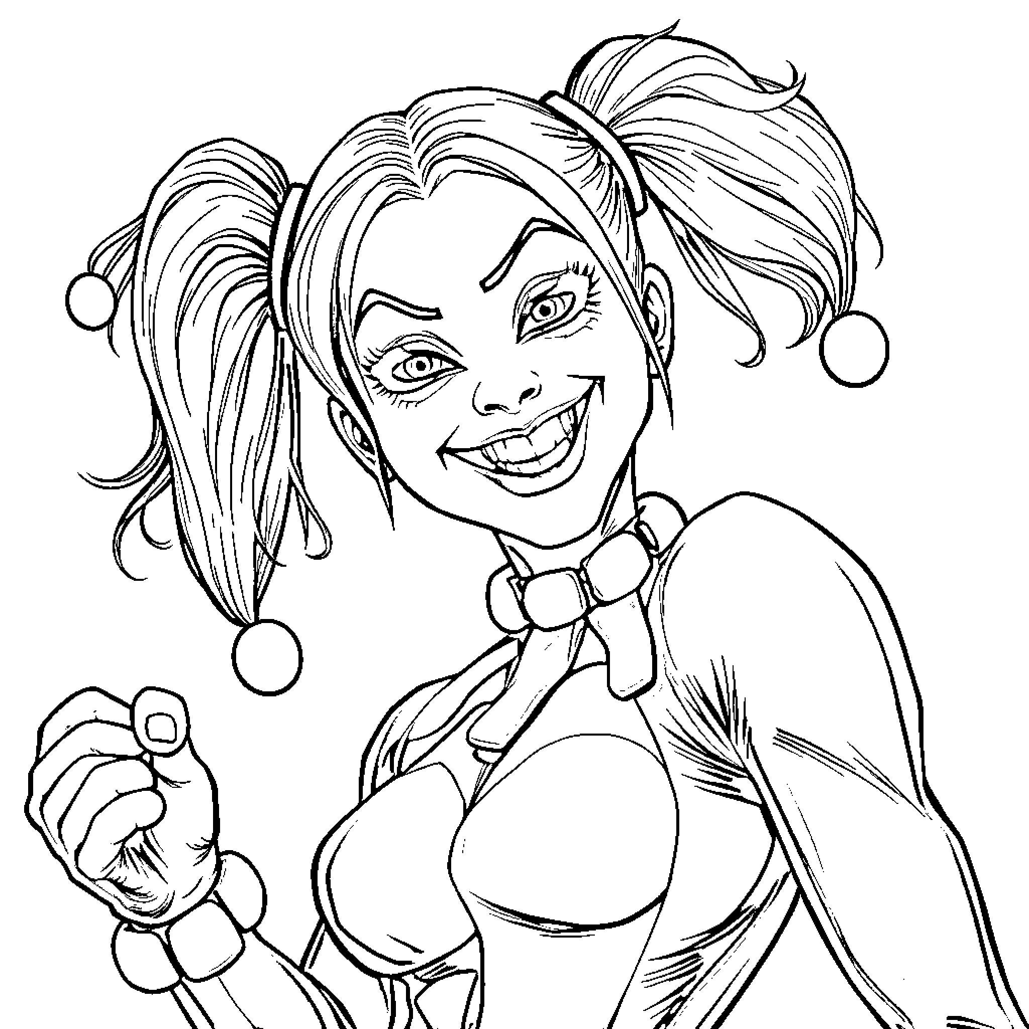 Harley Quinn's Playful and Chaotic Demeanor Coloring Page (free black-and-white line drawing printable PDF for all, from beginners to advanced learners, including children, teens, adults, and seniors)