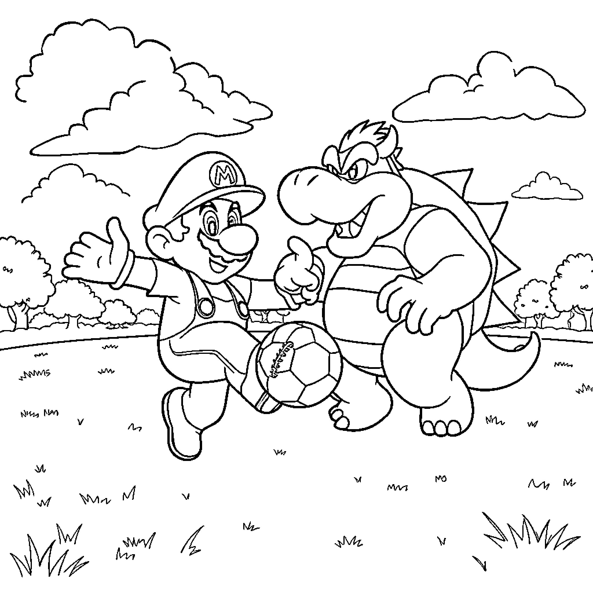 Mario and Dinosaur Playing Soccer in Outdoor Scene Coloring Page (free black-and-white line drawing printable PDF for all, from beginners to advanced learners, including children, teens, adults, and seniors)
