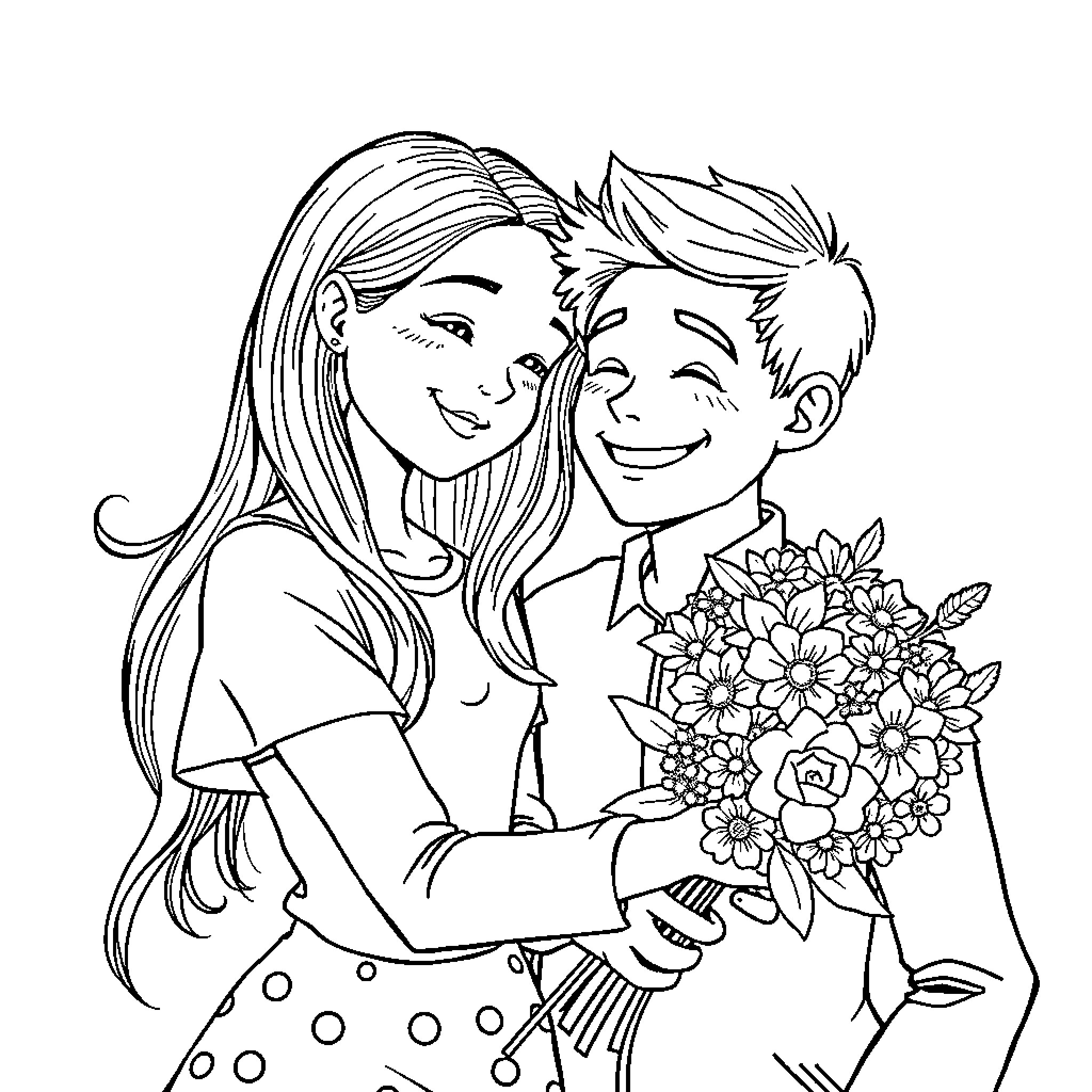 Fille and Boy Sharing a Bouquet of Flowers Coloring Page (free black-and-white line drawing printable PDF for all, from beginners to advanced learners, including children, teens, adults, and seniors)