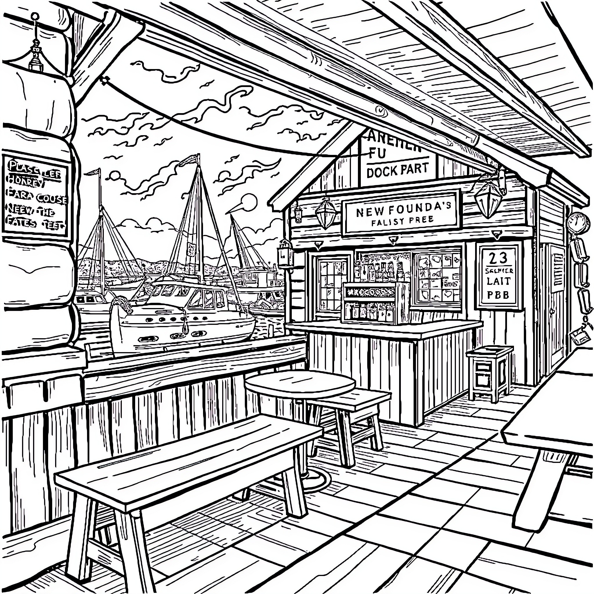 Pub by the Docks with Sailboats Coloring Page (free black-and-white line drawing printable PDF for all, from beginners to advanced learners, including children, teens, adults, and seniors)