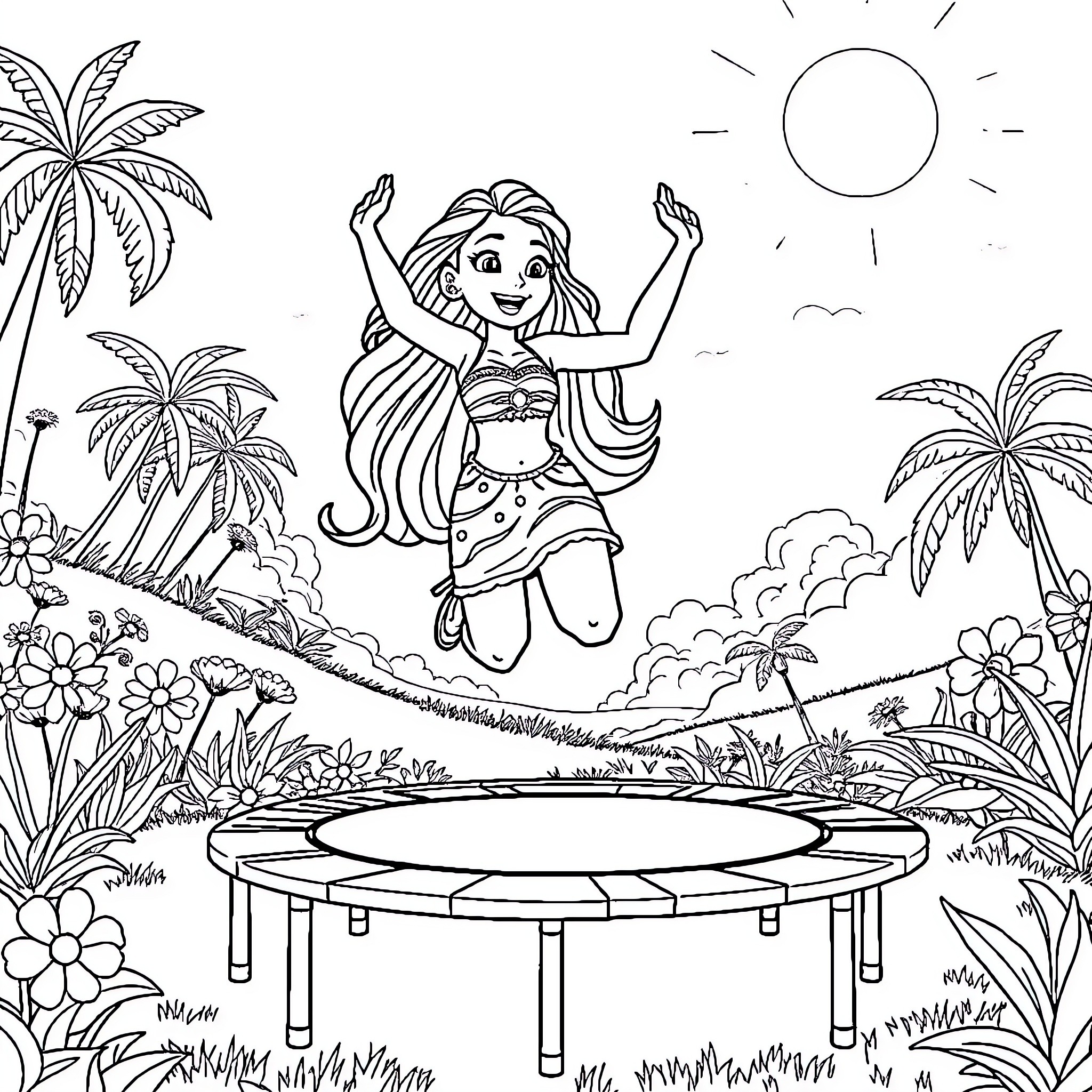 Vaiana enjoying the tropical landscape Coloring Page (free black-and-white line drawing printable PDF for all, from beginners to advanced learners, including children, teens, adults, and seniors)