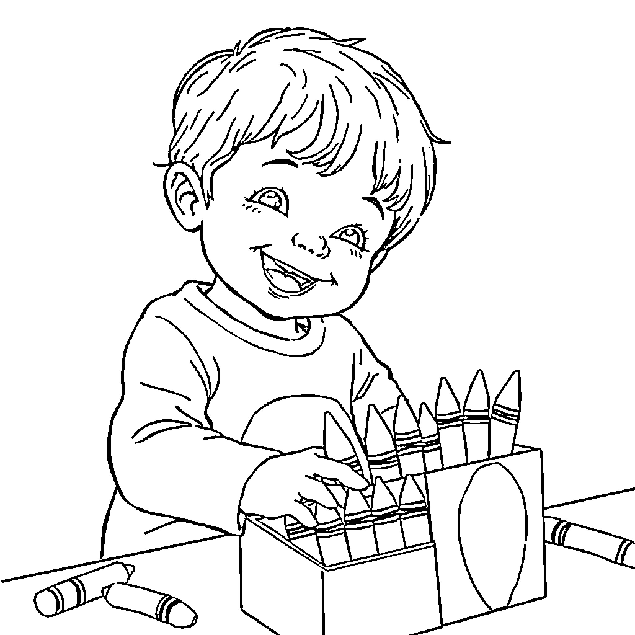 Child drawing with crayons happily Coloring Page (free black-and-white line drawing printable PDF for all, from beginners to advanced learners, including children, teens, adults, and seniors)