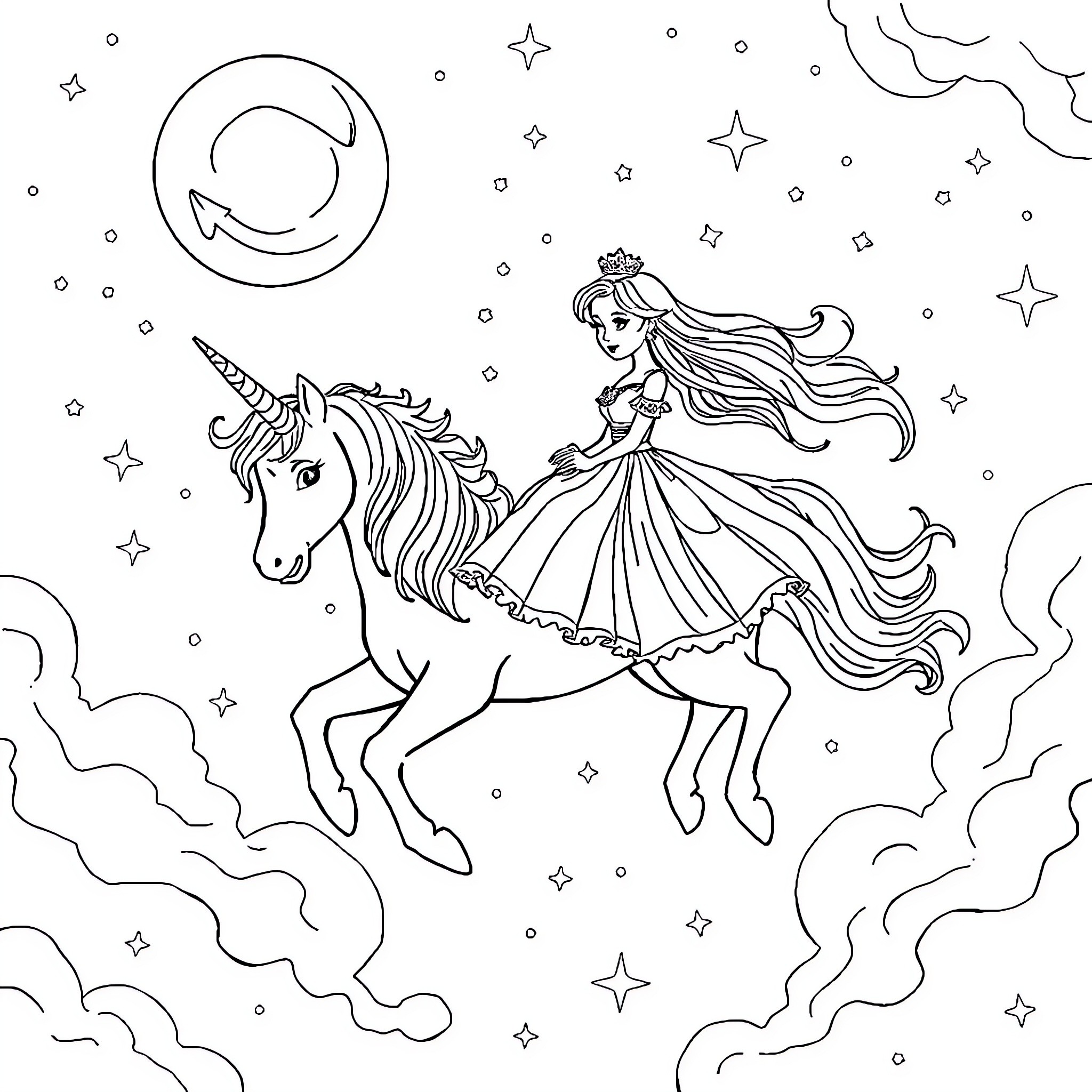 Unicorn Princess riding under the Starry Night Coloring Page (free black-and-white line drawing printable PDF for all, from beginners to advanced learners, including children, teens, adults, and seniors)