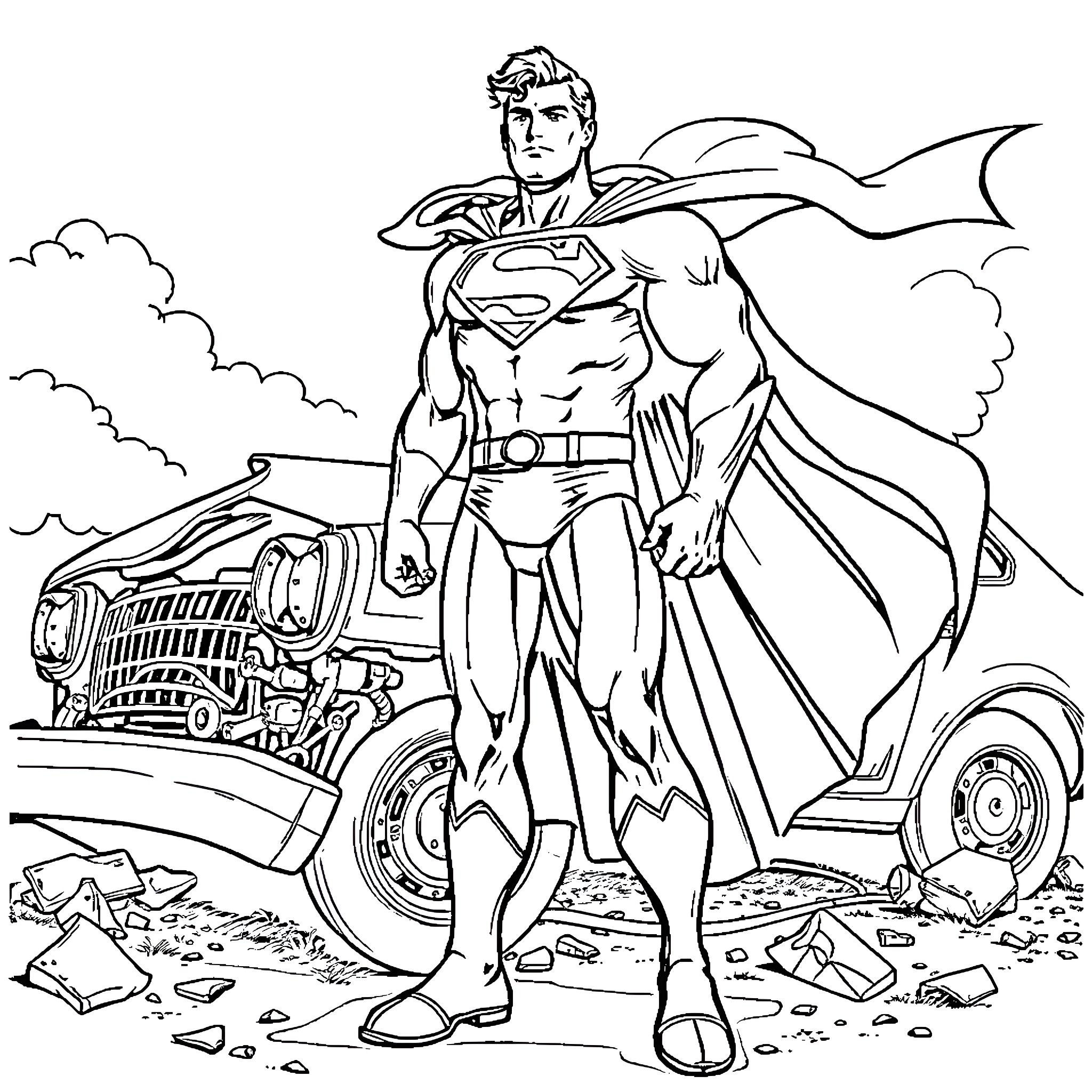 Superman surveying the aftermath of a heroic battle Coloring Page (free black-and-white line drawing printable PDF for all, from beginners to advanced learners, including children, teens, adults, and seniors)