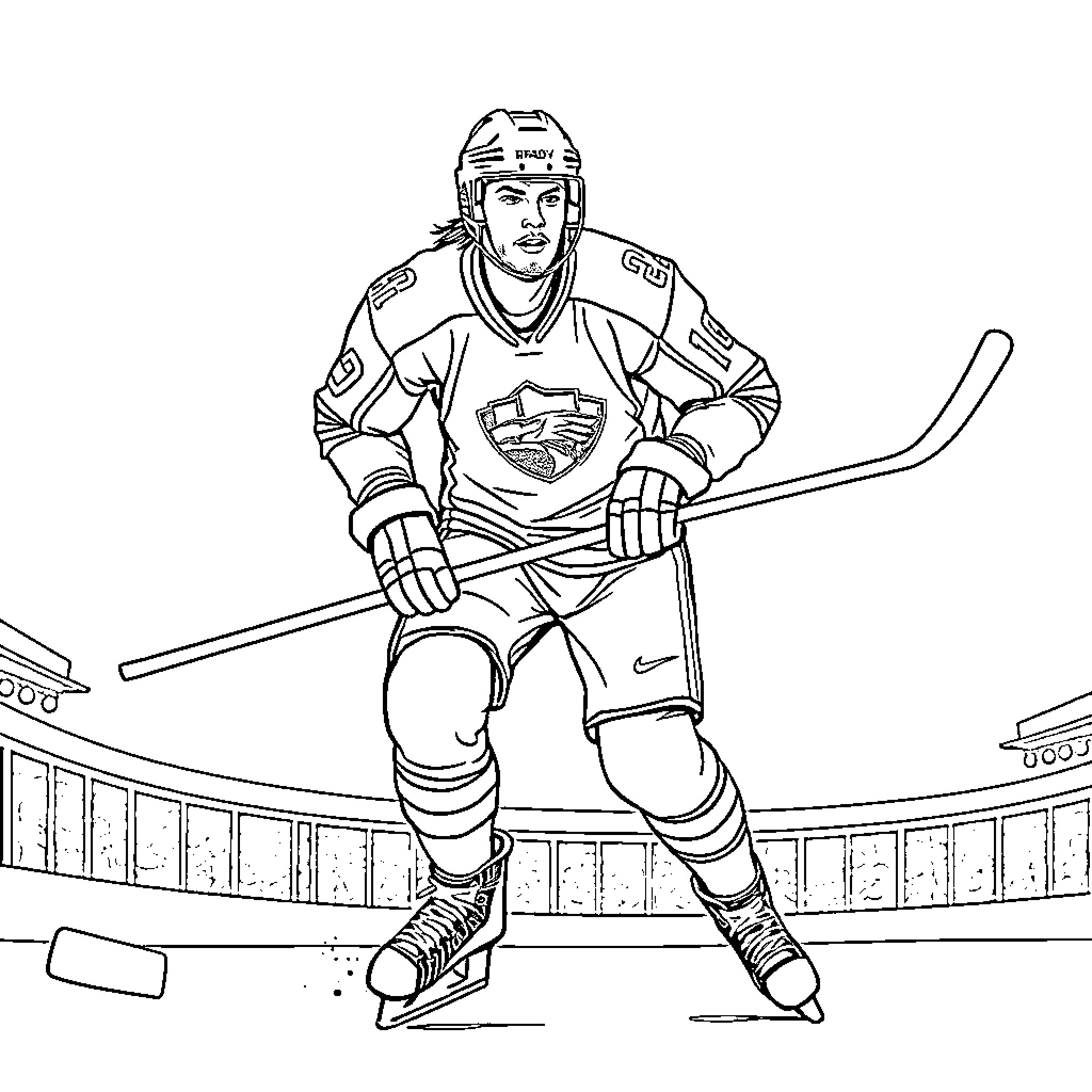 Tom Brady playing hockey on the ice rink Coloring Page (free black-and-white line drawing printable PDF for all, from beginners to advanced learners, including children, teens, adults, and seniors)
