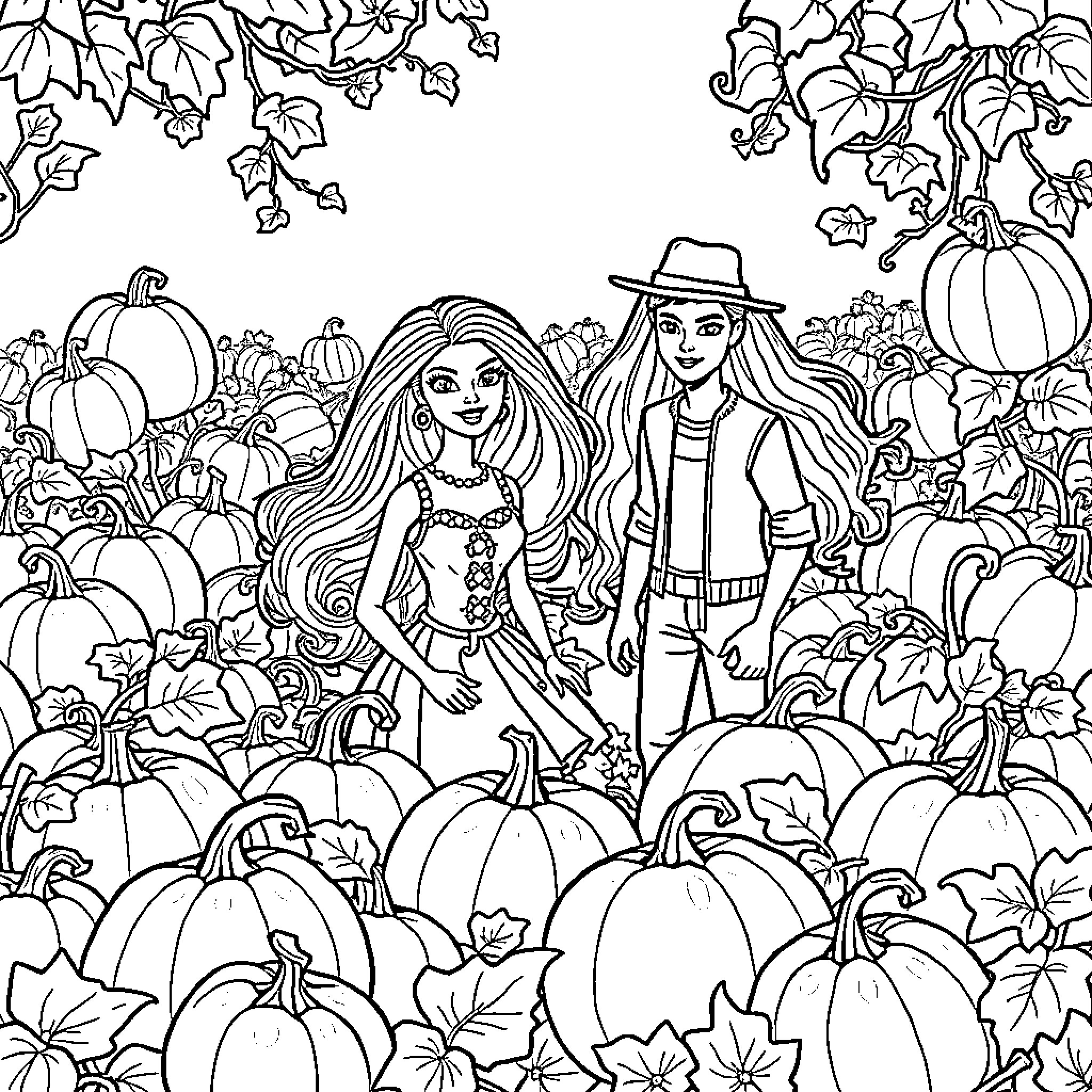 Barbie and Ken enjoying an autumnal scene with pumpkins Coloring Page (free black-and-white line drawing printable PDF for all, from beginners to advanced learners, including children, teens, adults, and seniors)