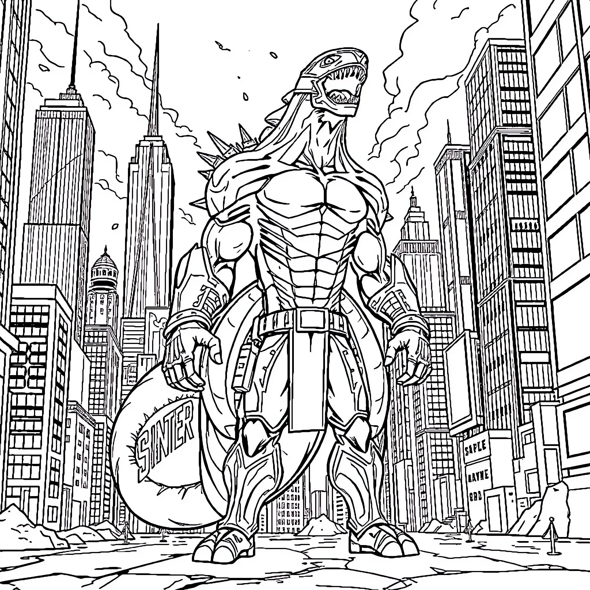 Ulteramen: Massive Mutant Mayhem in the City Coloring Page (free black-and-white line drawing printable PDF for all, from beginners to advanced learners, including children, teens, adults, and seniors)