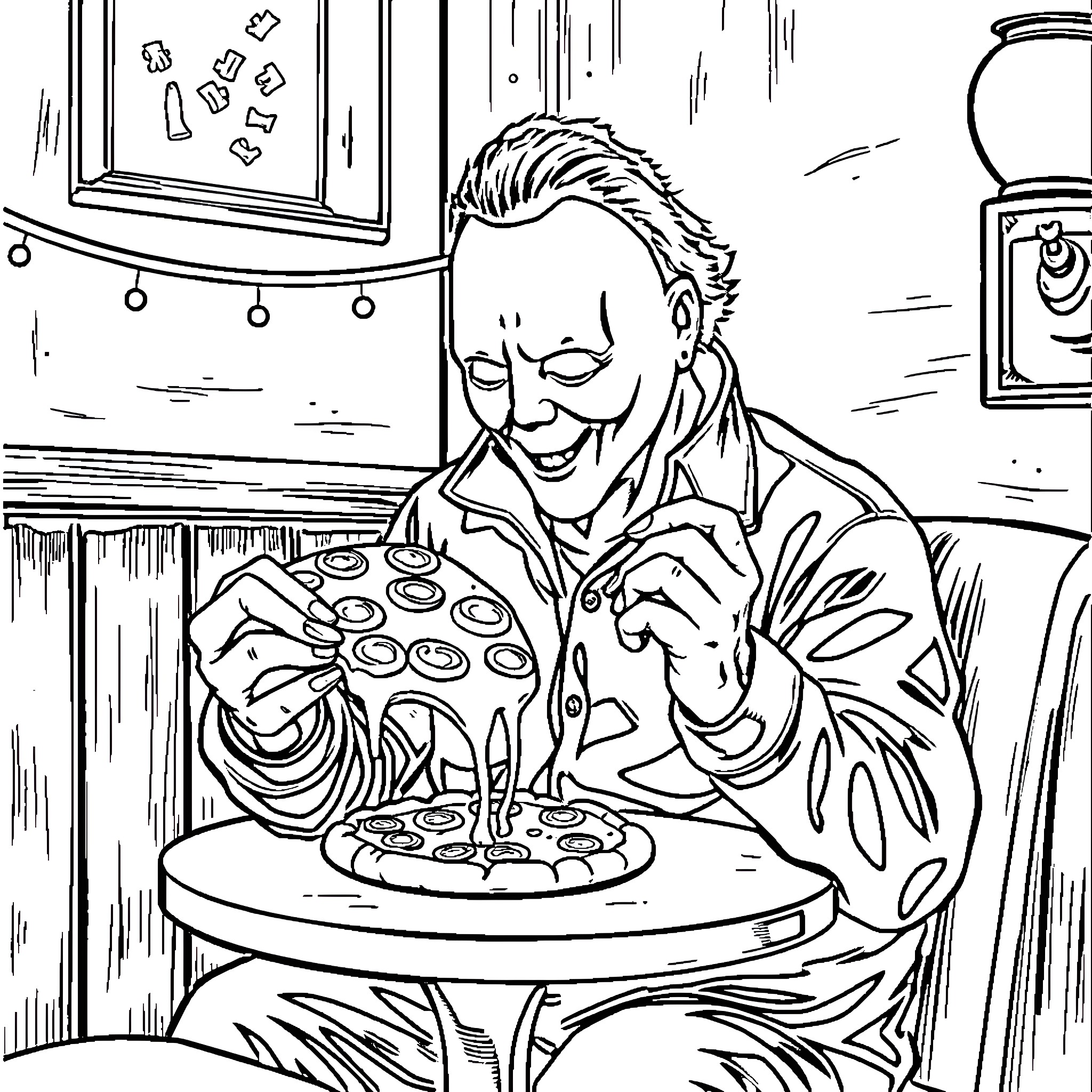 Michael Myers enjoying a sinister meal Coloring Page (free black-and-white line drawing printable PDF for all, from beginners to advanced learners, including children, teens, adults, and seniors)