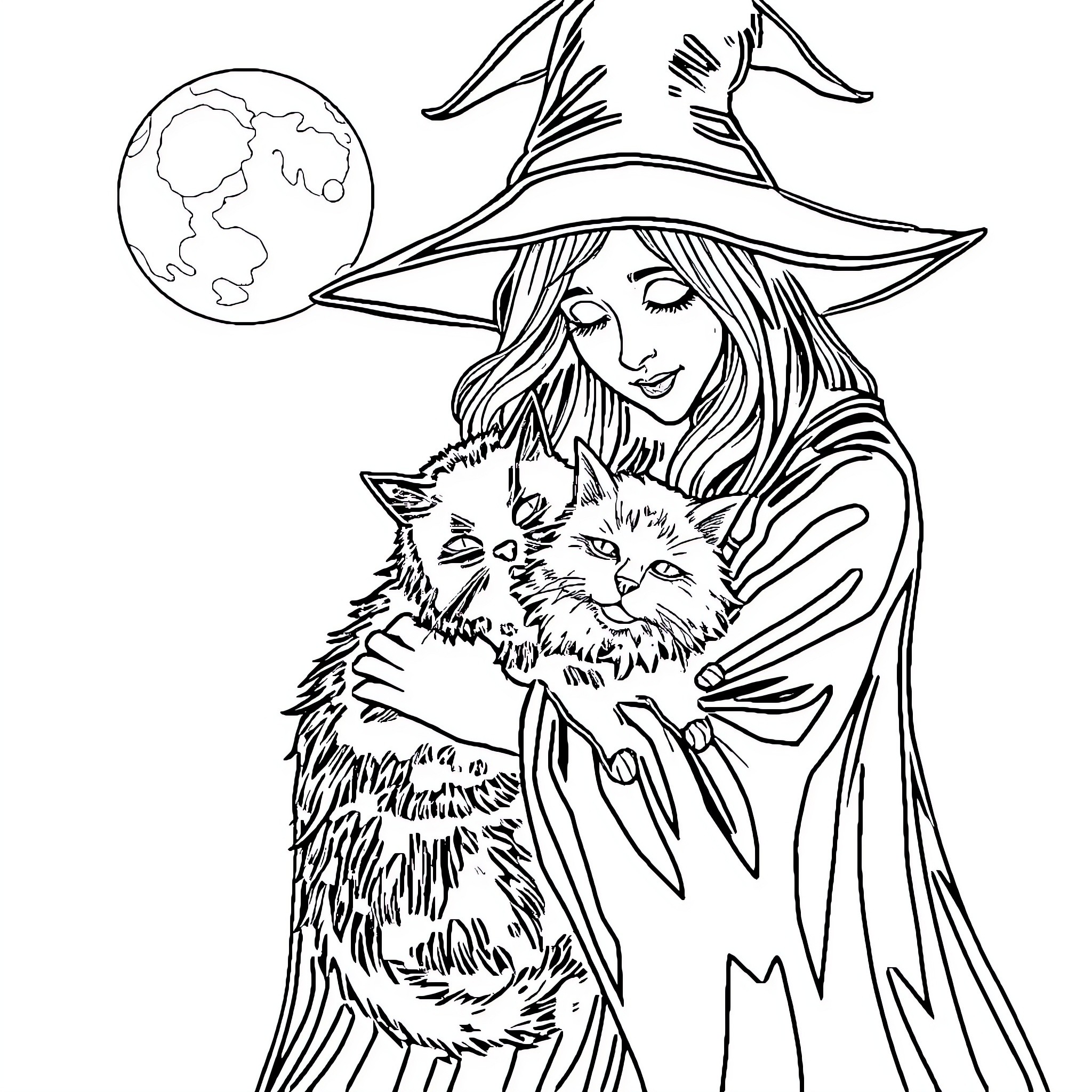 Witch embracing her feline companions under the moonlight Coloring Page (free black-and-white line drawing printable PDF for all, from beginners to advanced learners, including children, teens, adults, and seniors)