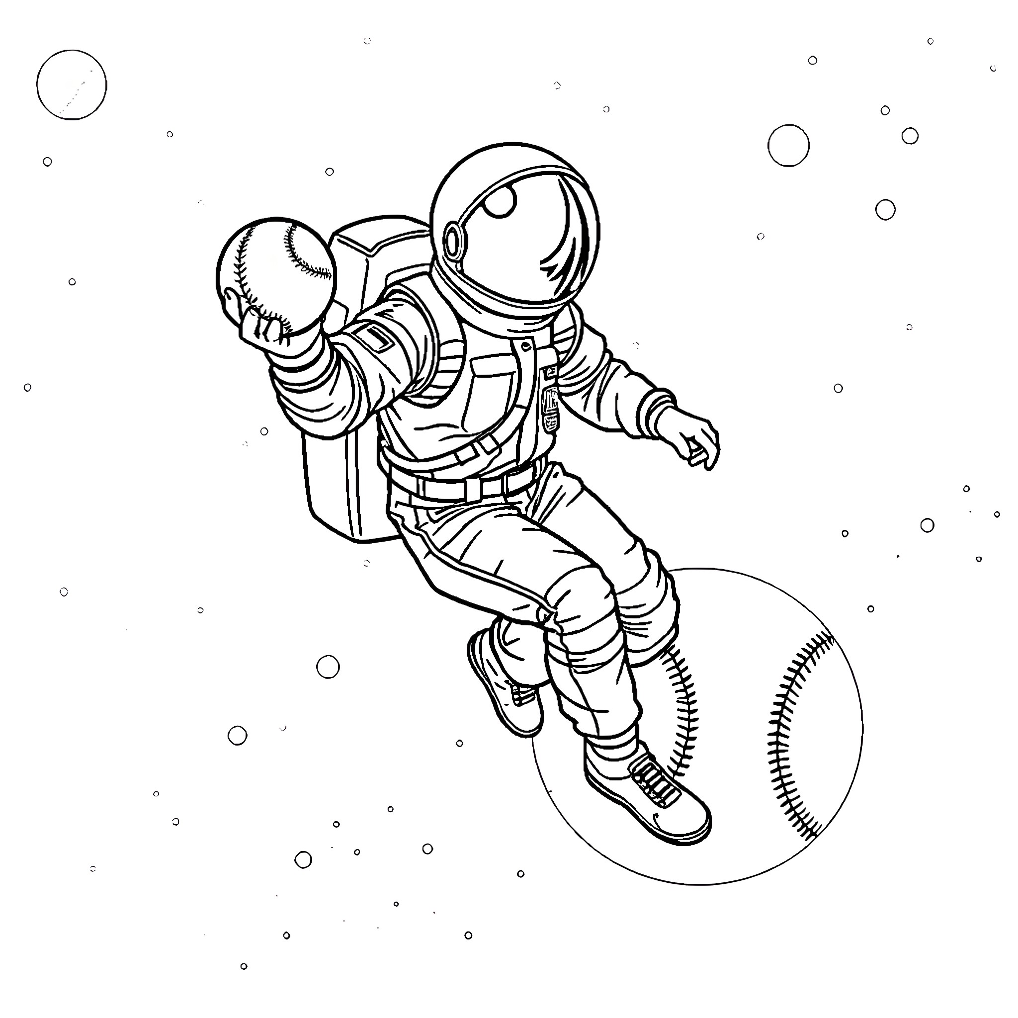 Baseball Player Floating in Space Coloring Page (free black-and-white line drawing printable PDF for all, from beginners to advanced learners, including children, teens, adults, and seniors)