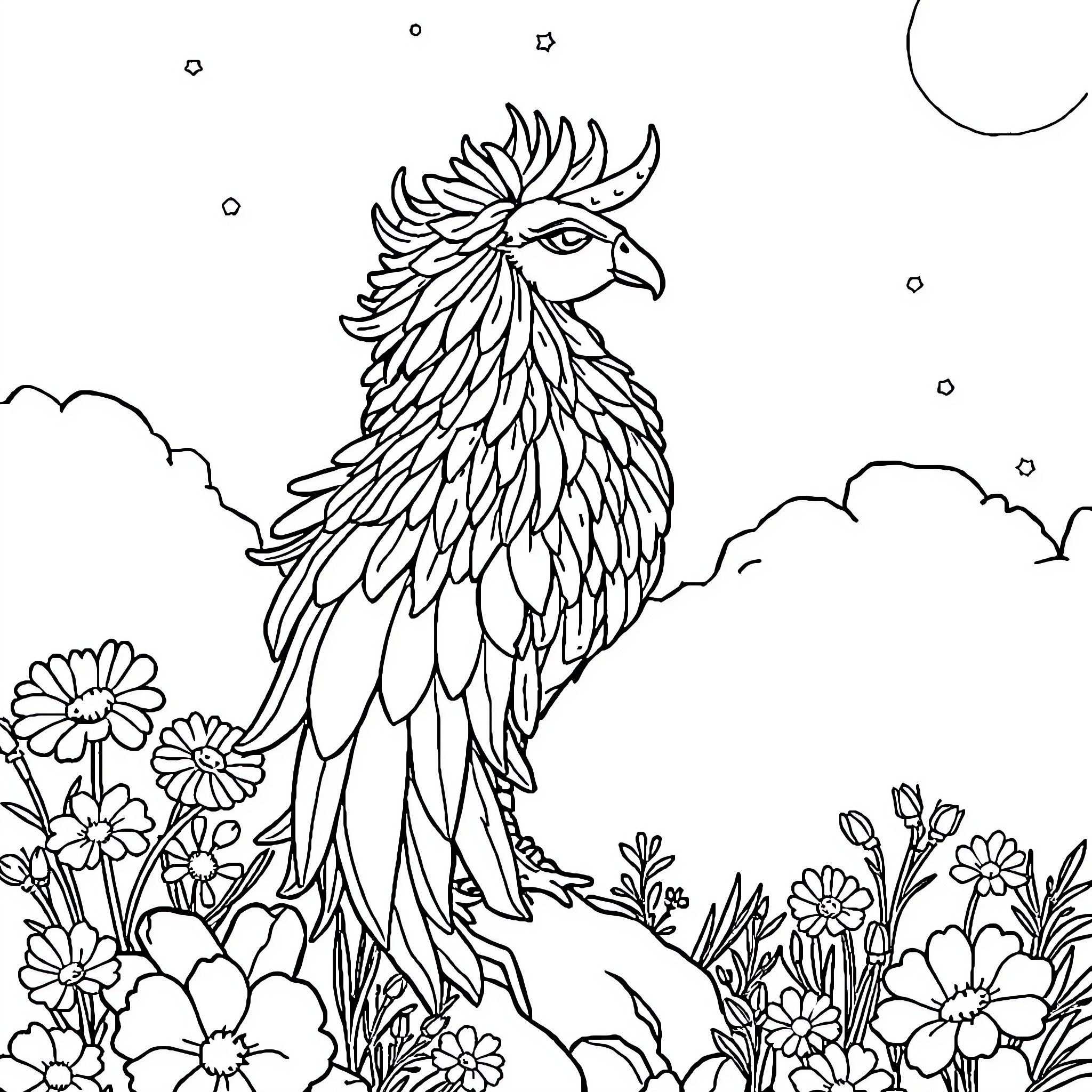 Unicorn Rooster Surrounded by Flowers Coloring Page (free black-and-white line drawing printable PDF for all, from beginners to advanced learners, including children, teens, adults, and seniors)