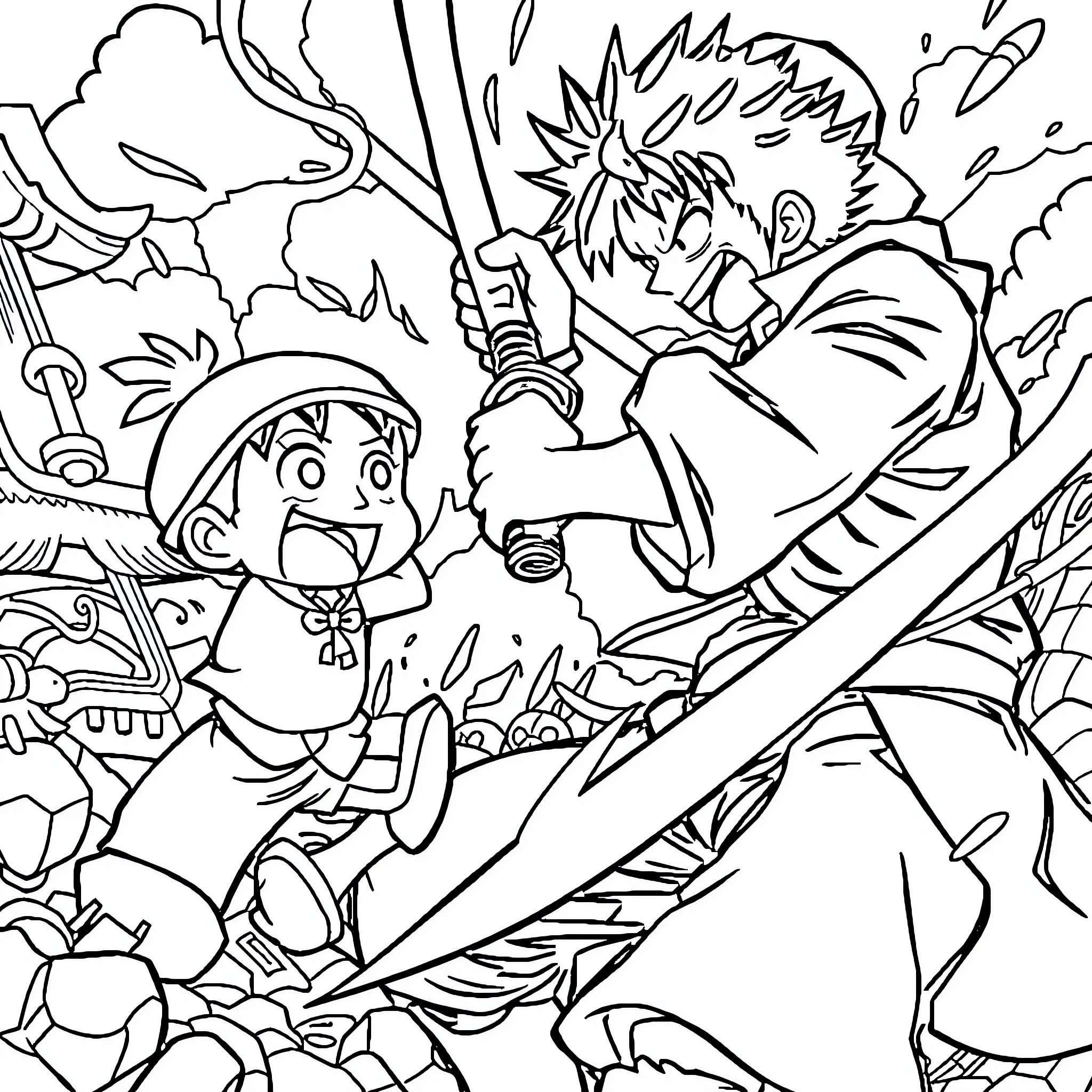 Zoro's Daring Adventure in the Mysterious Forest Coloring Page (free black-and-white line drawing printable PDF for all, from beginners to advanced learners, including children, teens, adults, and seniors)