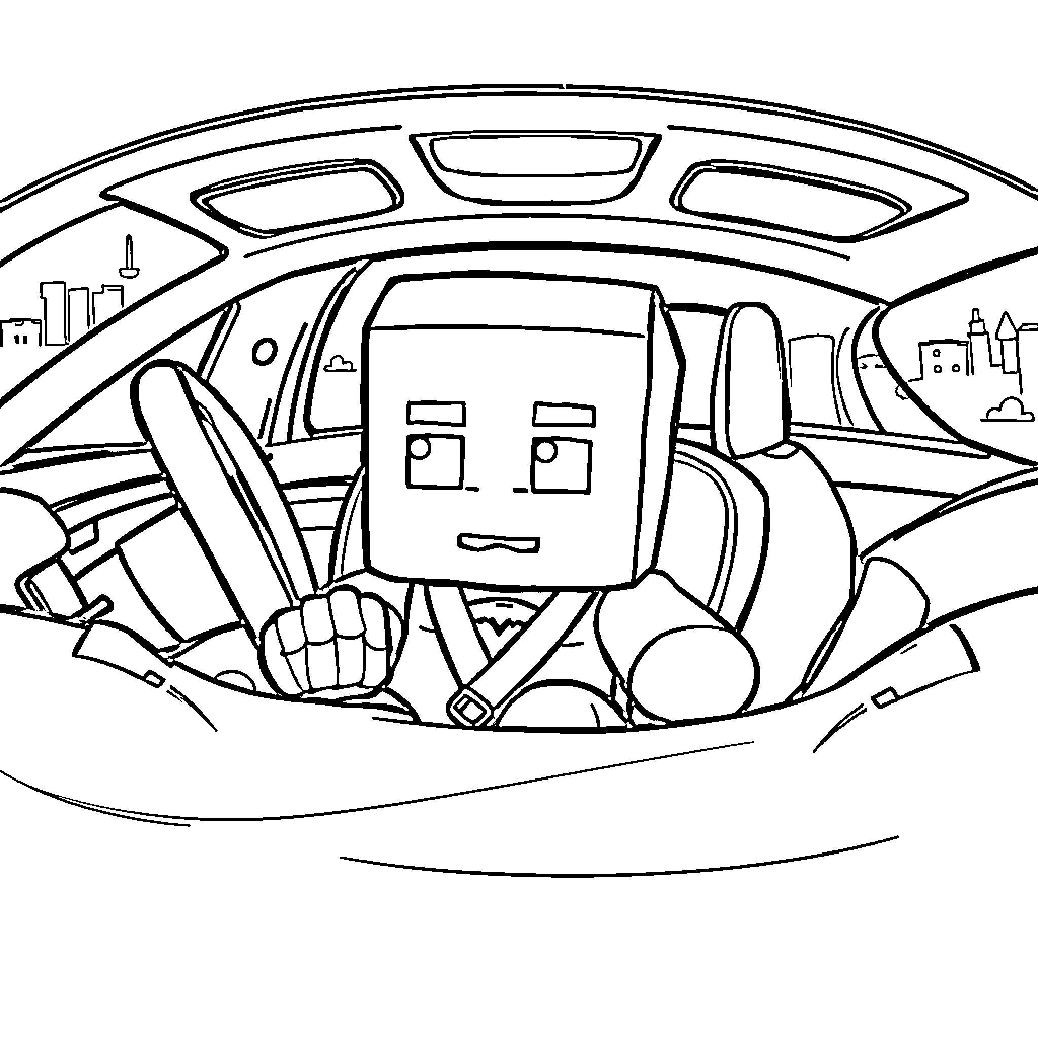 Peely character driving in a car Coloring Page (free black-and-white line drawing printable PDF for all, from beginners to advanced learners, including children, teens, adults, and seniors)