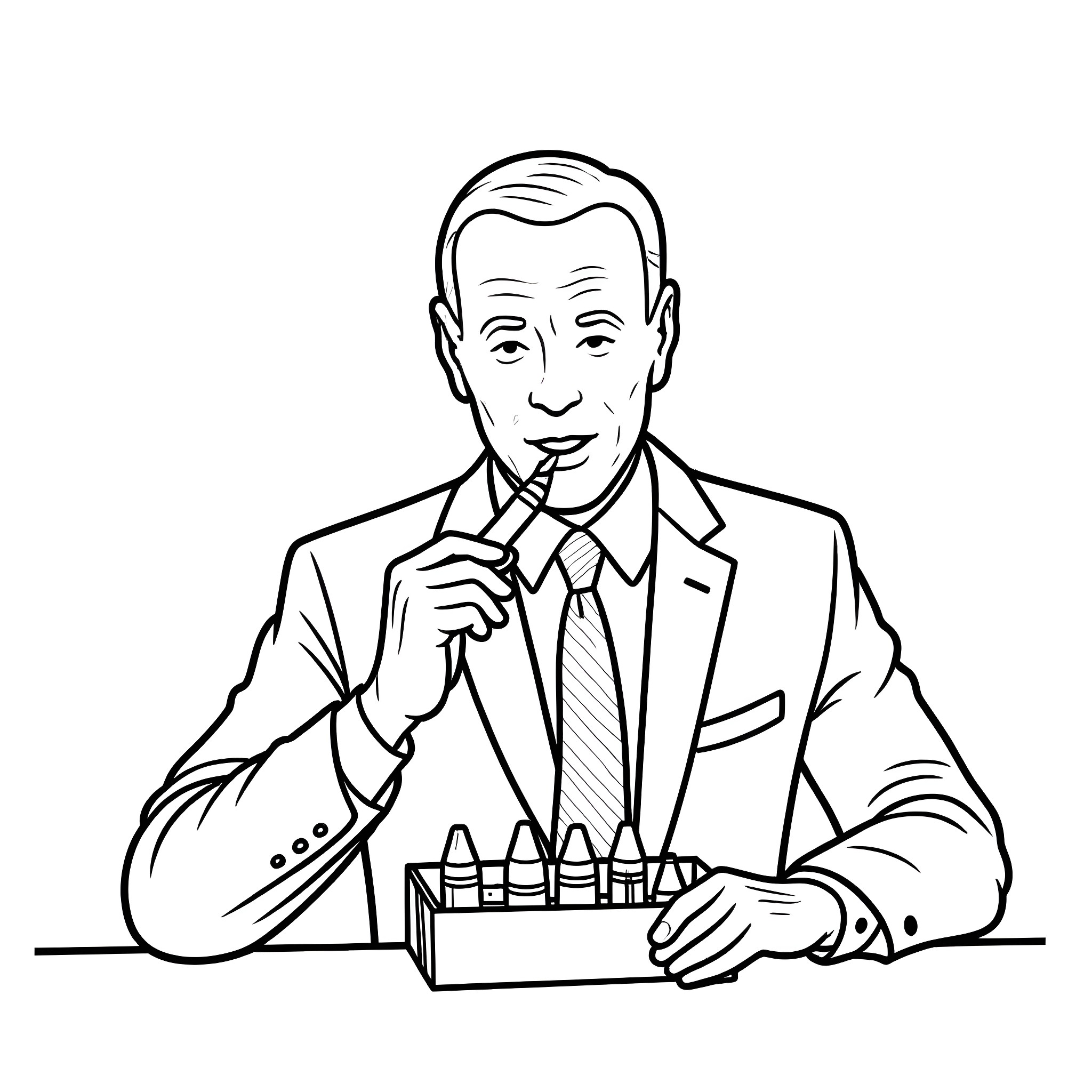 Joe Biden in suit contemplating with pen and paper Coloring Page (free black-and-white line drawing printable PDF for all, from beginners to advanced learners, including children, teens, adults, and seniors)