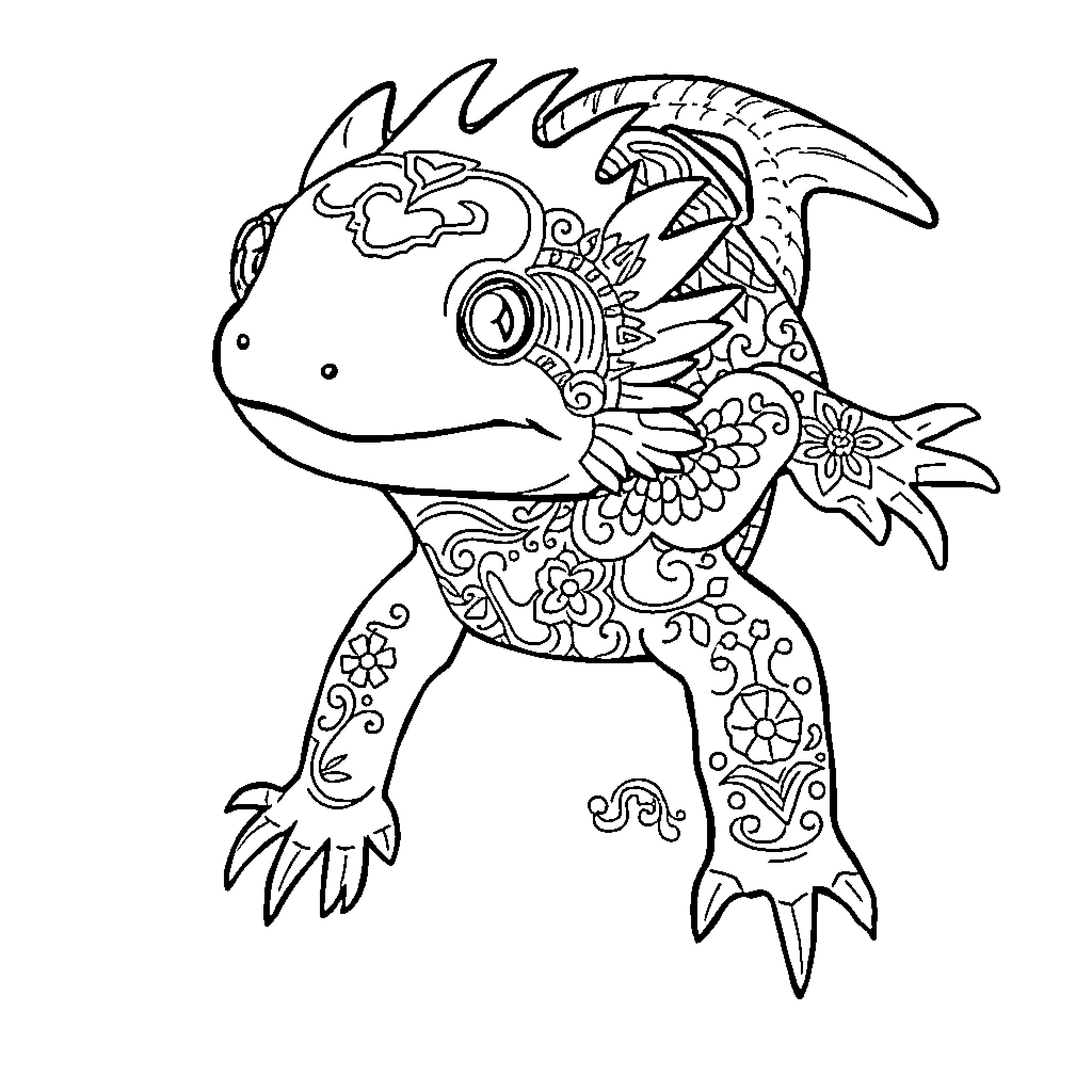 Axolotl with intricate pattern Coloring Page (free black-and-white line drawing printable PDF for all, from beginners to advanced learners, including children, teens, adults, and seniors)