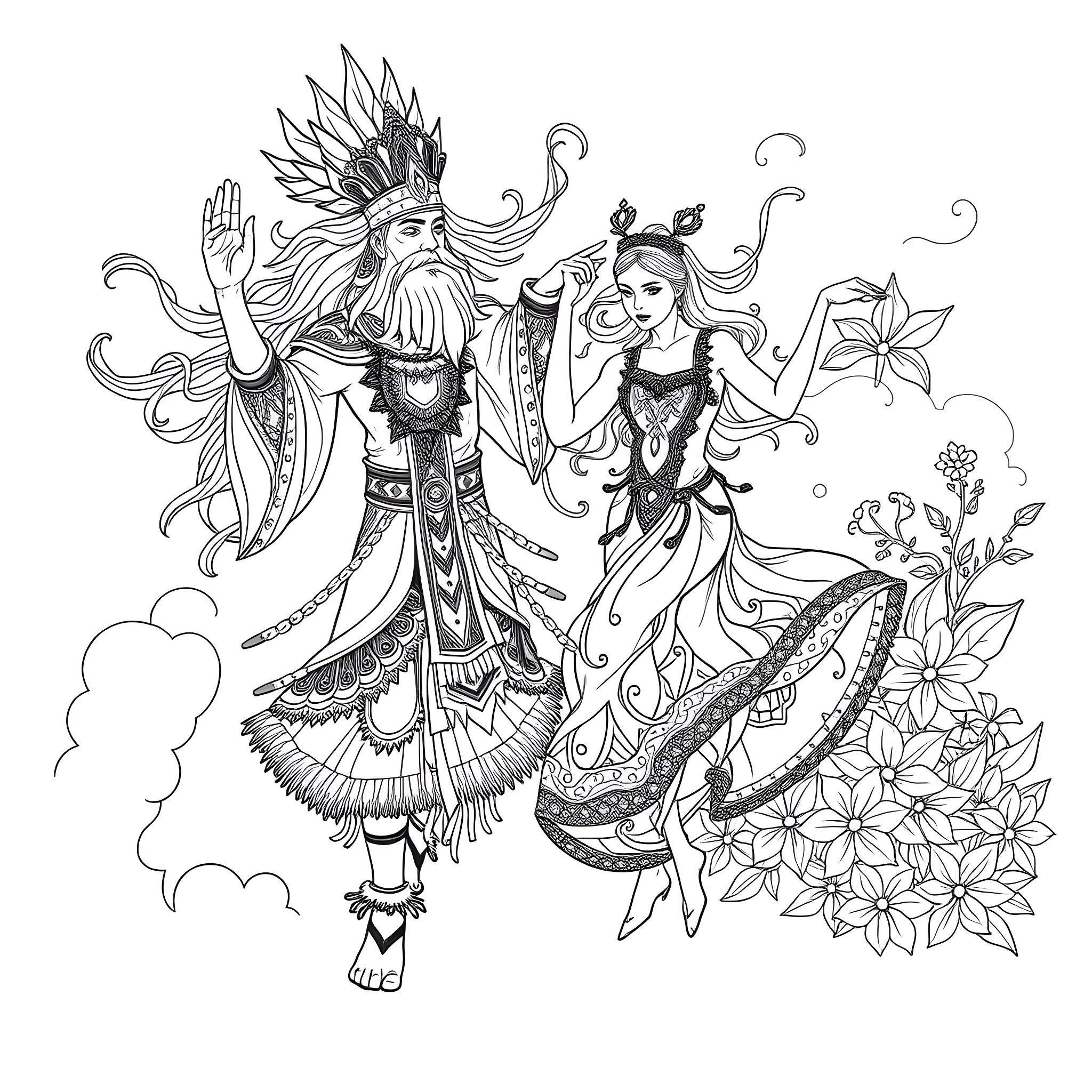 Spirit of Nature's Enchanting Dance Coloring Page (free black-and-white line drawing printable PDF for all, from beginners to advanced learners, including children, teens, adults, and seniors)