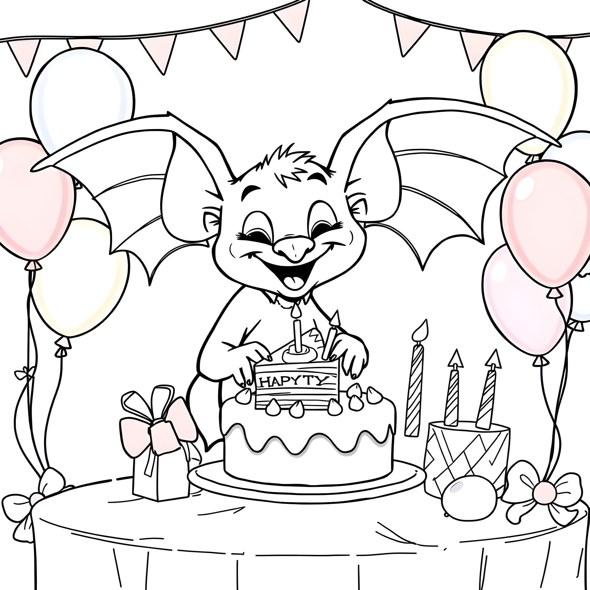 Bat Celebrating Happy Birthday with Cake and Balloons Coloring Page (free black-and-white line drawing printable PDF for all, from beginners to advanced learners, including children, teens, adults, and seniors)