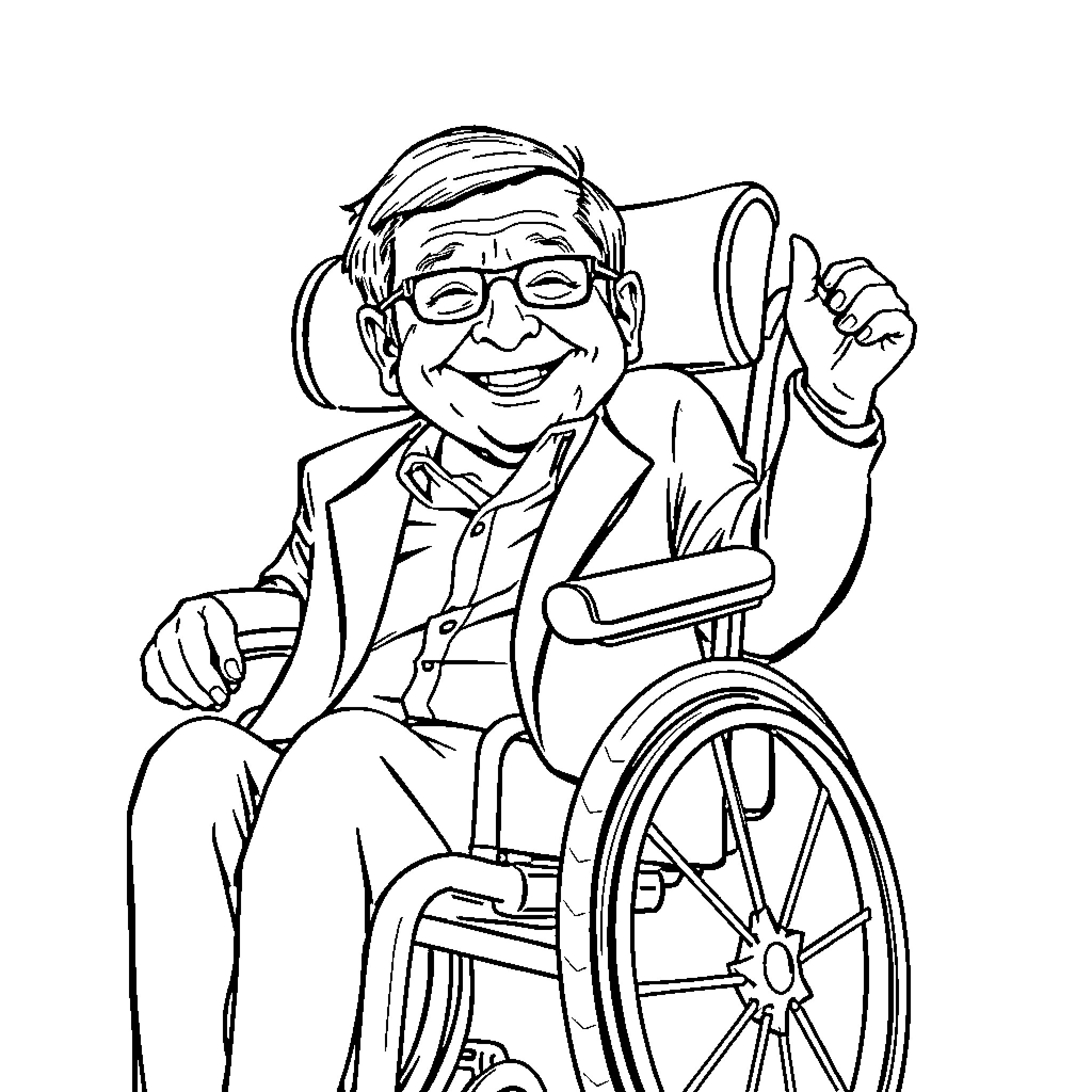 Stephen Hawking smiling in wheelchair Coloring Page (free black-and-white line drawing printable PDF for all, from beginners to advanced learners, including children, teens, adults, and seniors)