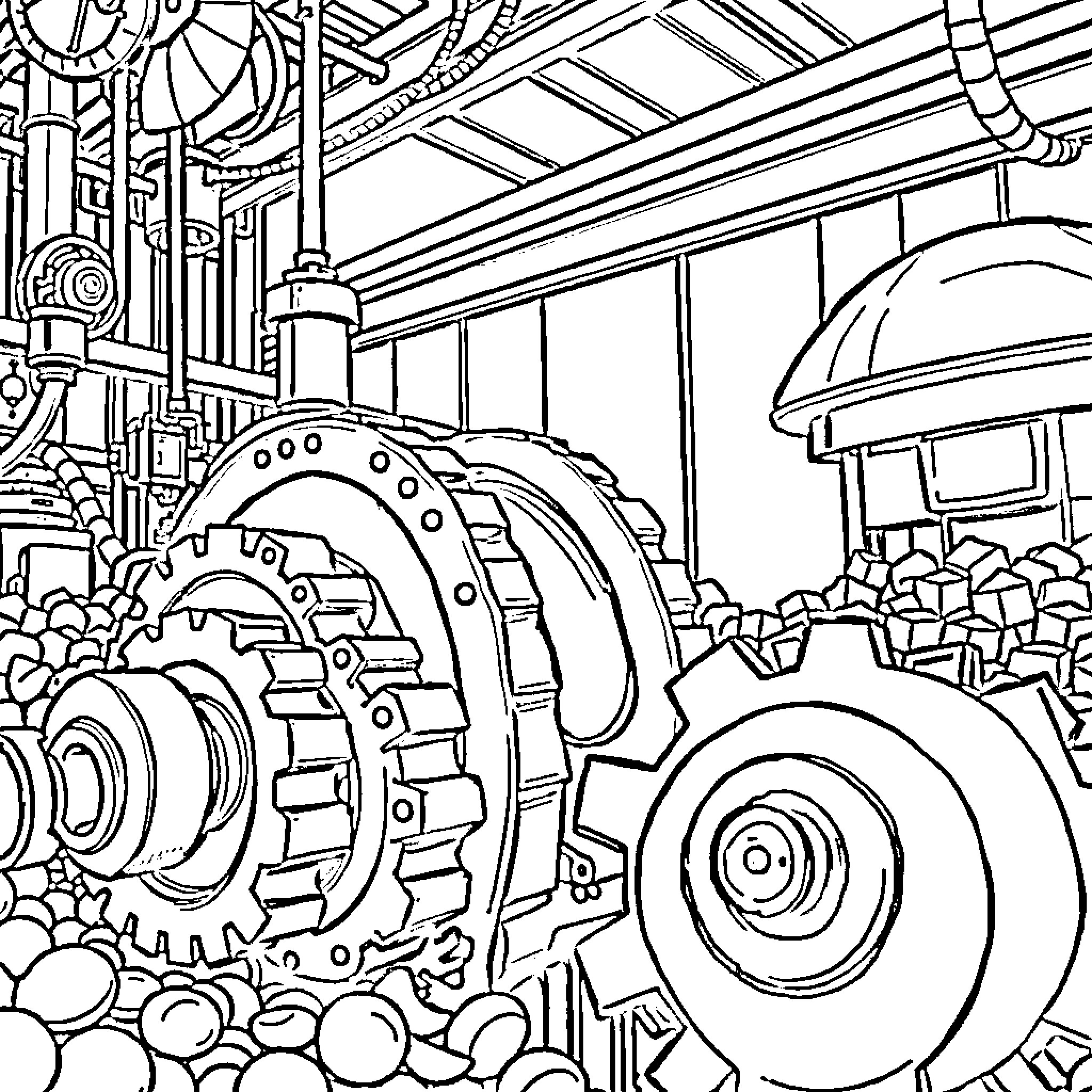 Millwright examining complex industrial machinery Coloring Page (free black-and-white line drawing printable PDF for all, from beginners to advanced learners, including children, teens, adults, and seniors)