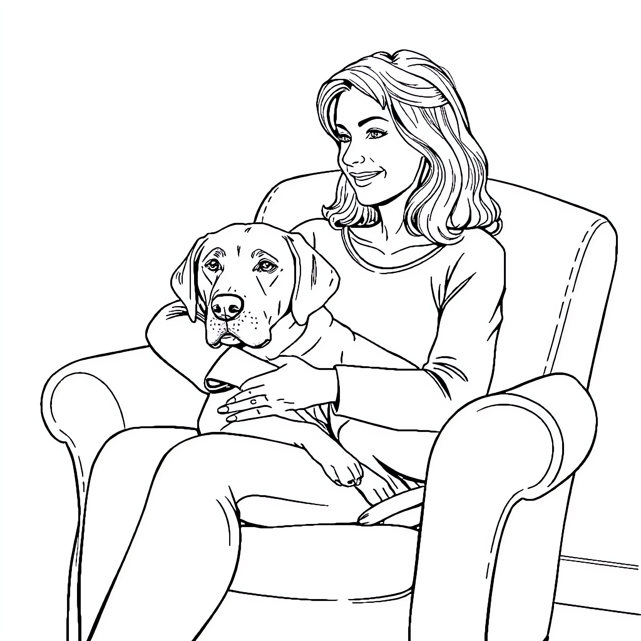 Mom spending quality time with her loyal companion Coloring Page (free black-and-white line drawing printable PDF for all, from beginners to advanced learners, including children, teens, adults, and seniors)